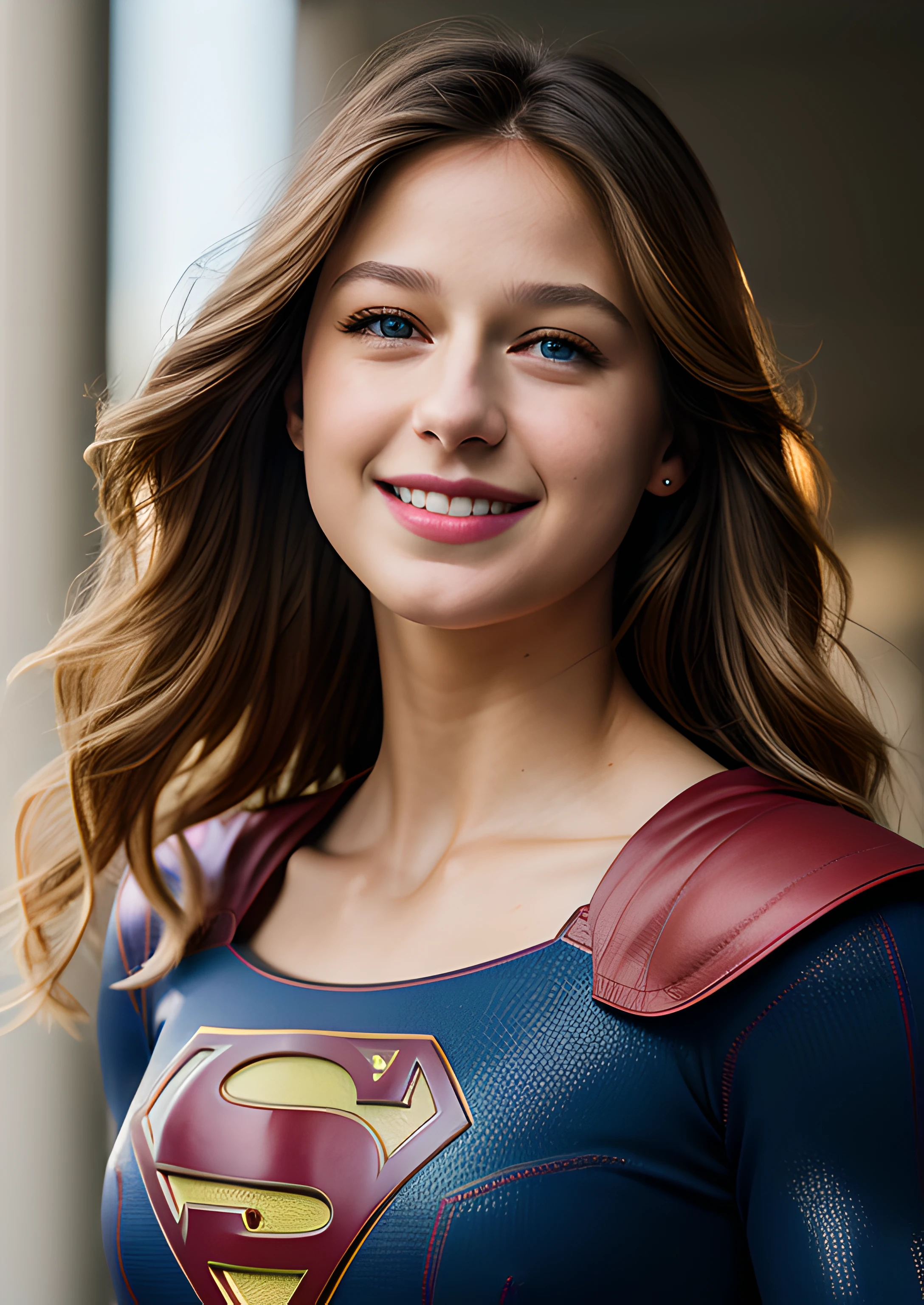 real, photoshoot, realistic, luminescent, atmospheric scene, masterpiece, best quality, (detail skin texture, ultra-detailed body:1.1), RAW photo, (high detailed skin:1.2), 8k uhd, dslr, film grain, Fujifilm XT3,
1girl, melissabenoist-smf, blonde hair, blue eyes, realistic, blurry background, superhero, blurry, long hair, lips, jewelry, upper body, collarbone, solo, red cape, looking to the side, outdoors, solo focus, depth of field, (smile:1.2), looking at viewer, sunlight rays, armor