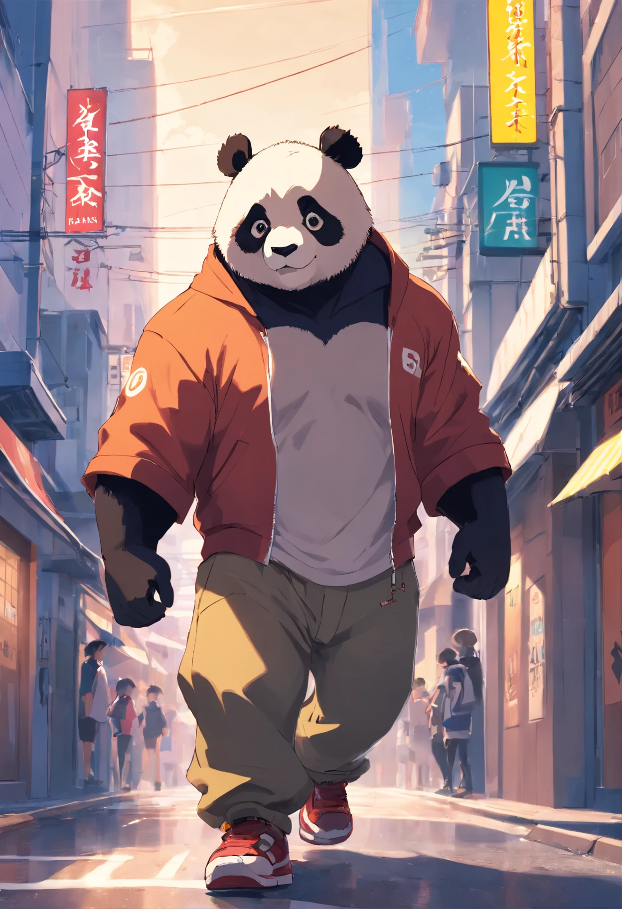 ((Raw foto)), ((​masterpiece)), Wearing an anthropomorphic humanoid panda (((streetwear clothes))), a person々Furiously walking between, intricate detailes, Complex Griebles works, The city behind, muscular body, (((big muscle))), Muscular arms, (small head), Giant Demon, Titan Soft Lighting, A hyper-realistic, softlighting, Ominous environment、Ominous grin face