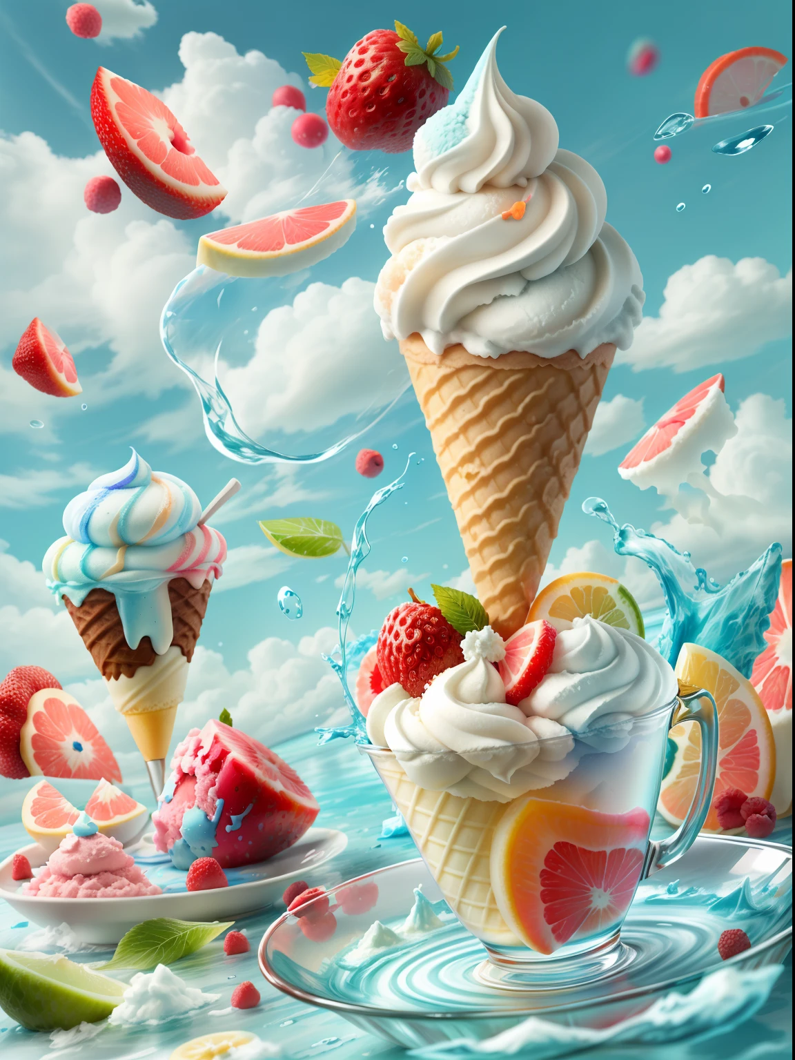 gogo,icecream,the fruits,ice cubes,Splashing water,with blue sky and white clouds
