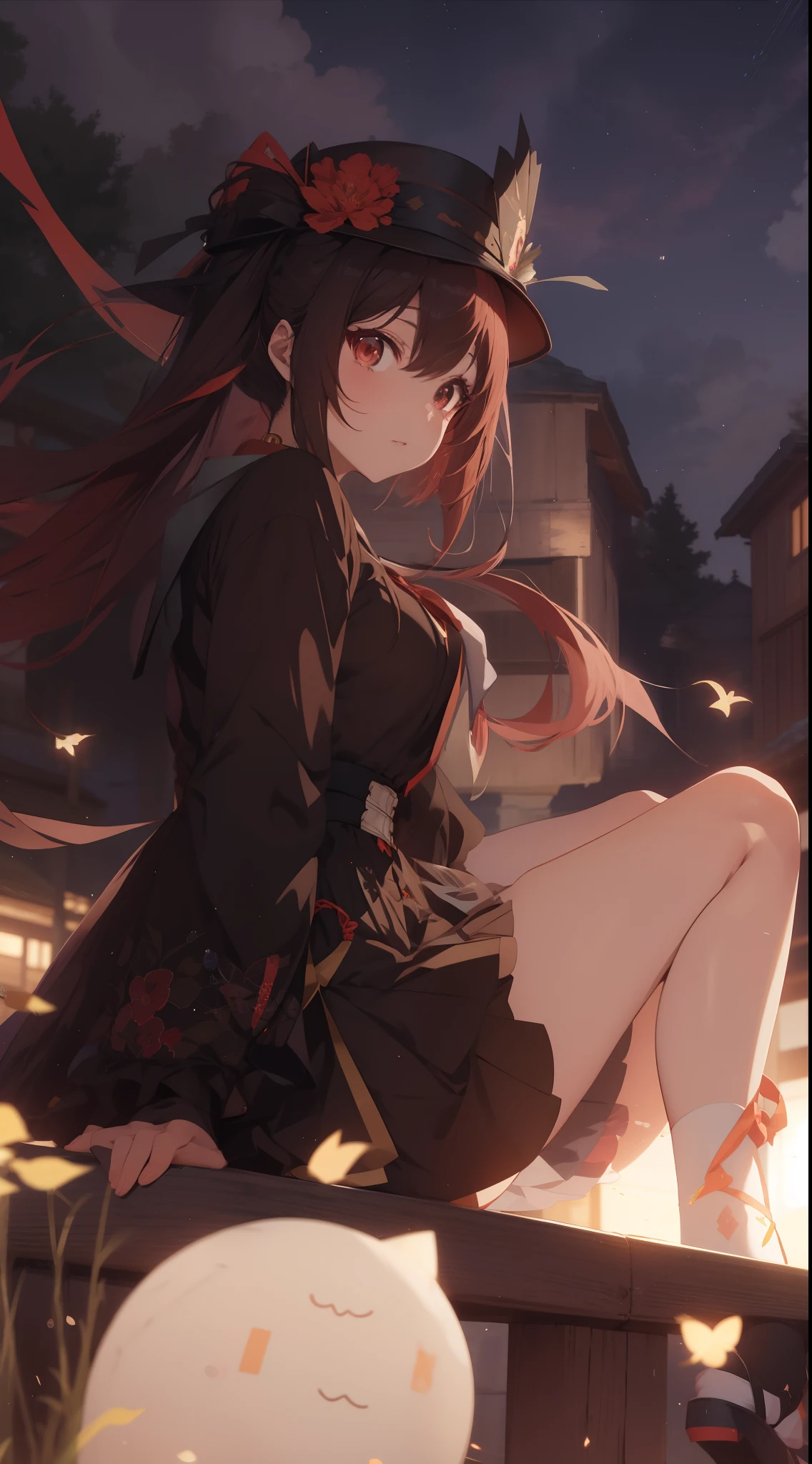 Anime girl sitting on a fence with a hat in, the anime girl is crouching, Garota Anime usando um vestido preto, menina misteriosa, Cute anime waifu in a nice dress, night core, Impacto de Ayaka Genshin, magia de elenco de bruxa de anime de paquera, Keqing de Genshin Impact, anime moe artstyle, Guweiz, visual anime de uma menina bonito, Melhor qualidade, 8k