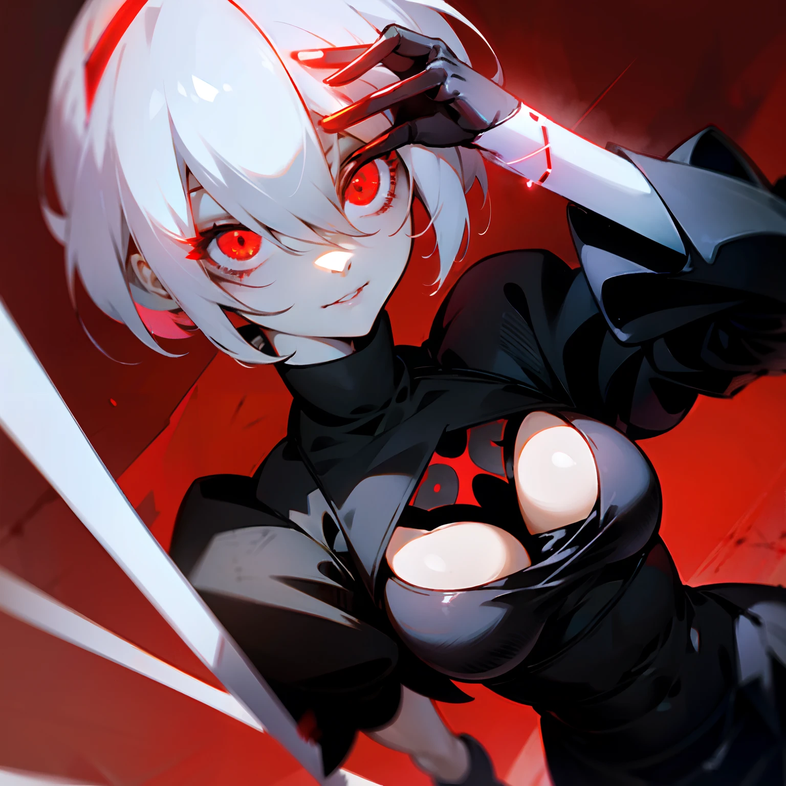 Yorha 2B with red eyes and white hair, female 👀 protagonist :8, [[[smiling evil]]]], with bright red eyes, Yandere, alone, blood red background, red electrical energy