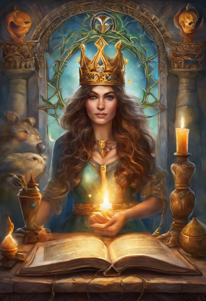 Desenhe uma pintura que interprete a Alta Sacerdotisa do Tarot, incorporating theme of 'Star vs. the Forces of Evil'. Na imagem, the character Star Butterfly is portrayed as the High Priestess, sitting on a magical and imposing throne in her castle in the Magical Dimension. She is dressed in elegant and mysterious costumes, reflecting your growing wisdom and power in the magical world.
The setting is richly detailed, with ornate pillars and an environment that evokes a magical sanctuary. No lugar dos dois pilares da Alta Sacerdotisa, are Star's magic wands, uma representando sua varinha original e a outra sua varinha Rainha Solaria. They are crossed and exude an aura of intense magic.
Ao lado de Star, are your friends, Marco, Janna, Tom and other notable characters from the series, all of them in reverent positions, representing respect and loyalty to your leadership. Instead of the veil of the High Priestess, there is a semi-open dimensional portal, showing a glimpse of different dimensions and magical realms.
Star's eyes are blindfolded, symbolizing your intuition and deep connection to the magical realm, while she holds an ancient book with mysterious inscriptions on one hand and a monarch butterfly, symbol of transformation and renewal, na outra.
A luz da lua brilha suavemente no fundo, illuminating a scroll with magical and mysterious symbols. Na base do trono, There are tarot cards scattered around, cada uma delas representando momentos cruciais da jornada de Star e os desafios que ela superou.