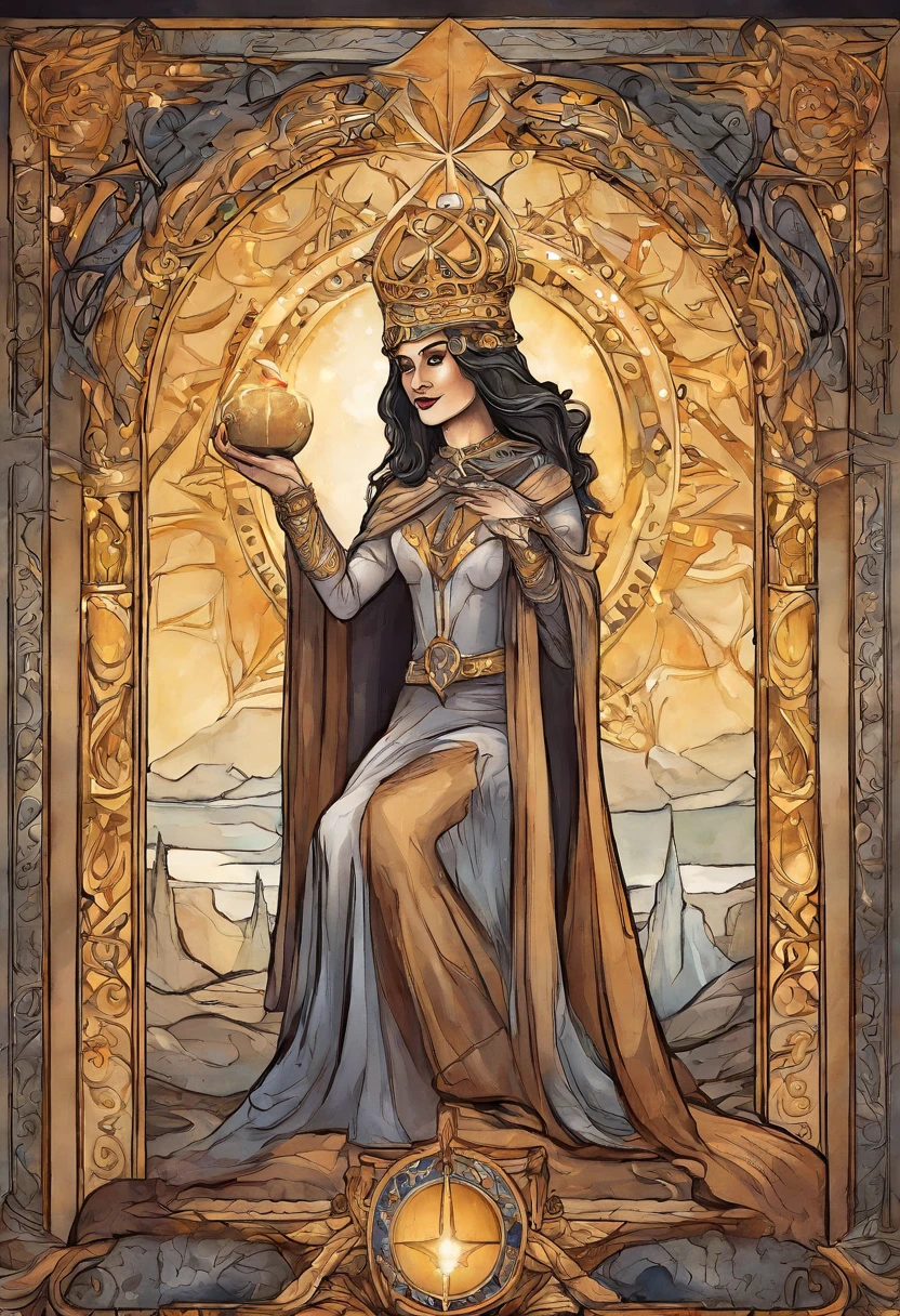 Desenhe uma pintura que interprete a Alta Sacerdotisa do Tarot, incorporating theme of 'Star vs. the Forces of Evil'. Na imagem, the character Star Butterfly is portrayed as the High Priestess, sitting on a magical and imposing throne in her castle in the Magical Dimension. She is dressed in elegant and mysterious costumes, reflecting your growing wisdom and power in the magical world.
The setting is richly detailed, with ornate pillars and an environment that evokes a magical sanctuary. No lugar dos dois pilares da Alta Sacerdotisa, are Star's magic wands, uma representando sua varinha original e a outra sua varinha Rainha Solaria. They are crossed and exude an aura of intense magic.
Ao lado de Star, are your friends, Marco, Janna, Tom and other notable characters from the series, all of them in reverent positions, representing respect and loyalty to your leadership. Instead of the veil of the High Priestess, there is a semi-open dimensional portal, showing a glimpse of different dimensions and magical realms.
Star's eyes are blindfolded, symbolizing your intuition and deep connection to the magical realm, while she holds an ancient book with mysterious inscriptions on one hand and a monarch butterfly, symbol of transformation and renewal, na outra.
A luz da lua brilha suavemente no fundo, illuminating a scroll with magical and mysterious symbols. Na base do trono, There are tarot cards scattered around, cada uma delas representando momentos cruciais da jornada de Star e os desafios que ela superou.