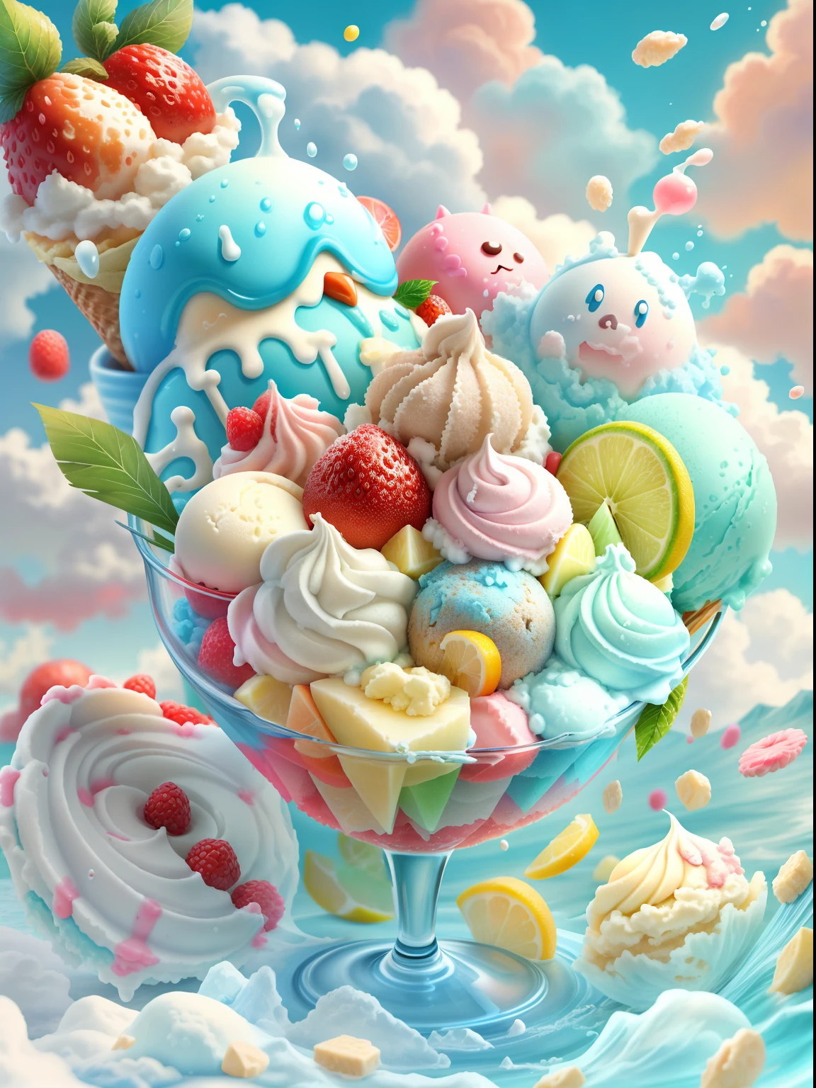 gogo，icecream，the fruits，ice cubes，Splashing water，with blue sky and white clouds