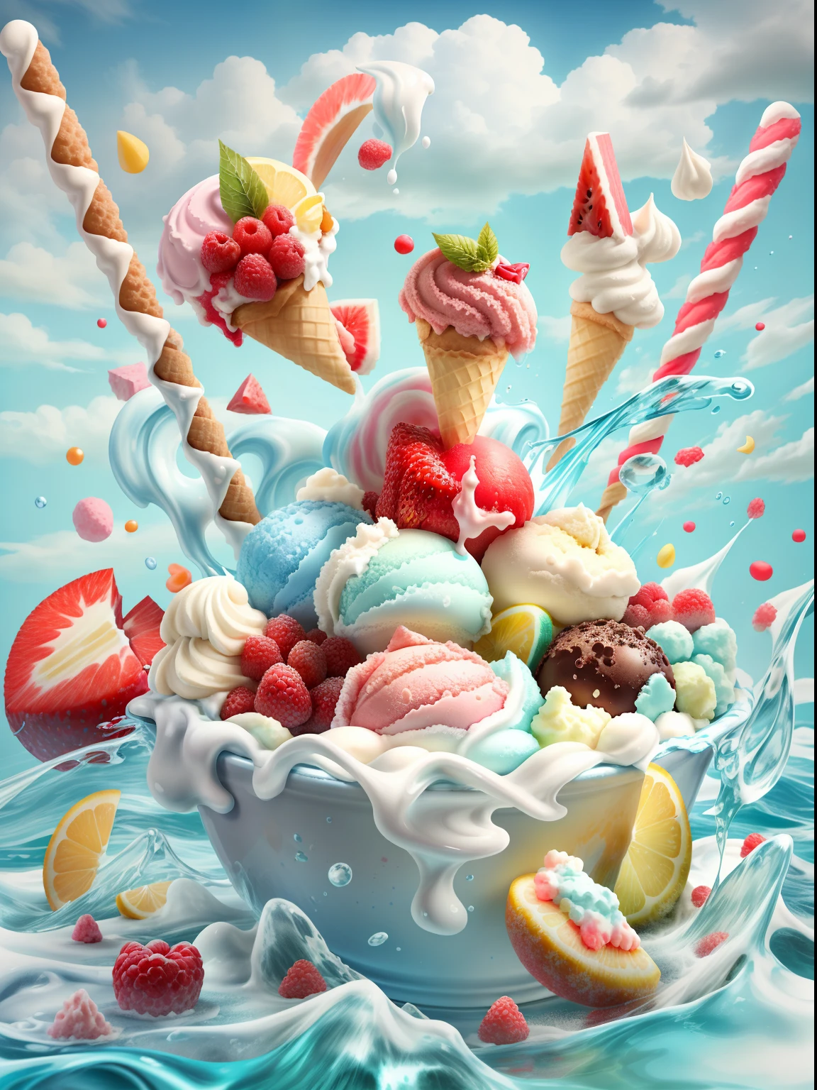 gogo,icecream,the fruits,ice cubes,Splashing water,with blue sky and white clouds