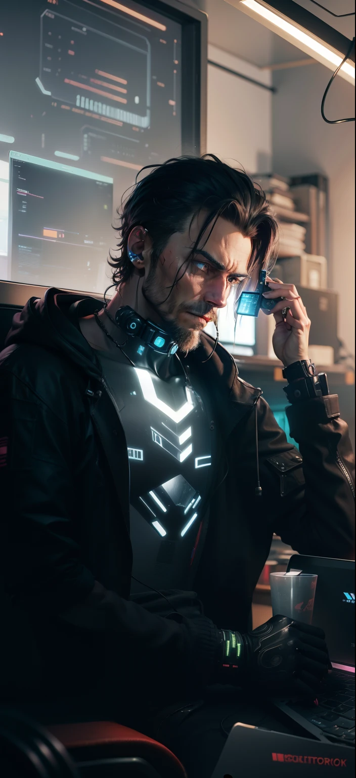 a man in a cyberpunk room working on Laptop
