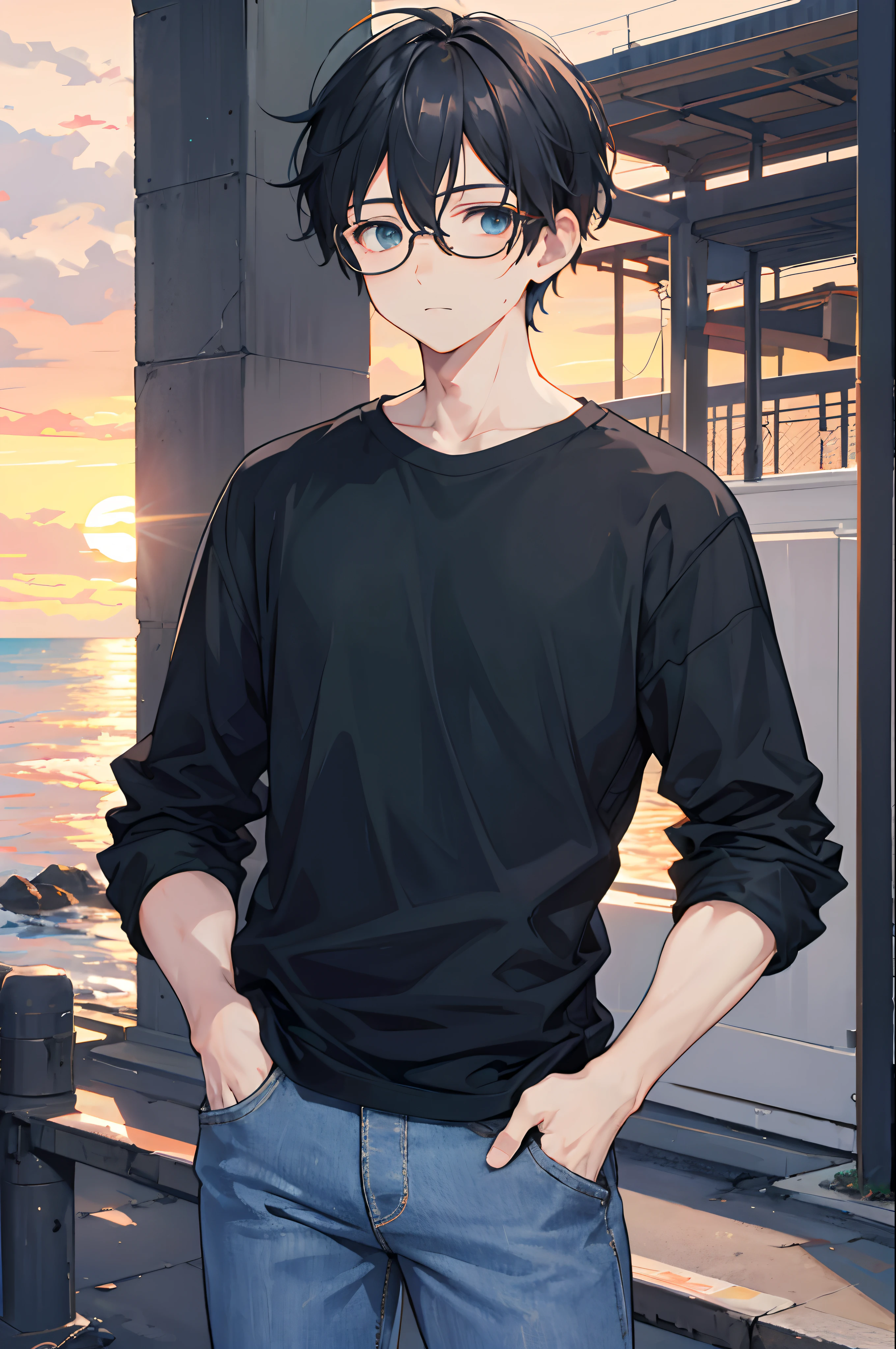 1boy,cetus,coda,ocean,black shirt,jeans,glasses,street,sunset,hands in pockets