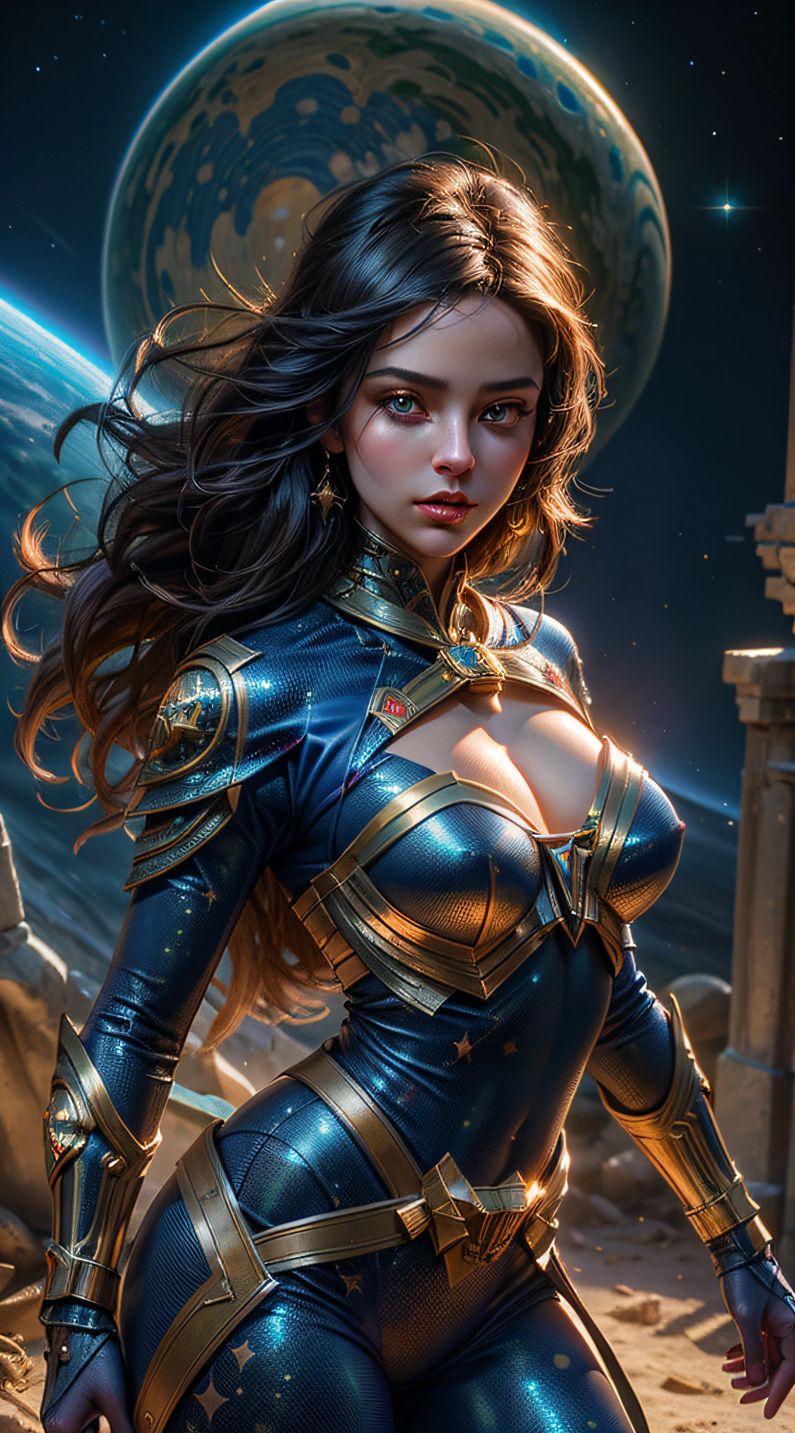 Highly detailed RAW color Photo, beautiful young girl, dynamic pose, (wide hips), (detailed skin), (detailed lips), (detailed eyes), (cosmic:1.4), (necropolis:1.1), (Sci-Fi setting) (detailed face), (curvy), detailed eyes, chromatic aberration, depth of field, soft lighting, masterpiece, best quality, intricate, (lens flare:0.7), (bloom:0.7), particle effects, raytracing, tone mapped, highly detailed, concept art, smooth, sharp focus, dramatic lighting, highly detailed artwork, cinematic, hyper realistic painting, trending on Artstation, 8K, incredible shadows, realistic, (highly detailed background:1.2), art by midjourney