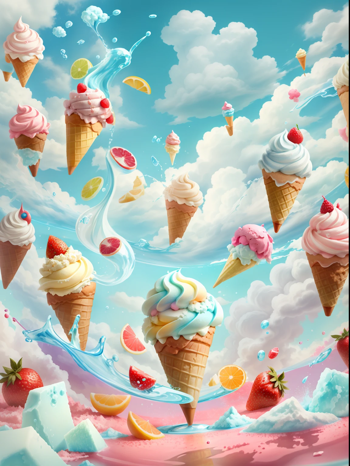 gogo，icecream，the fruits，ice cubes，Splashing water，with blue sky and white clouds