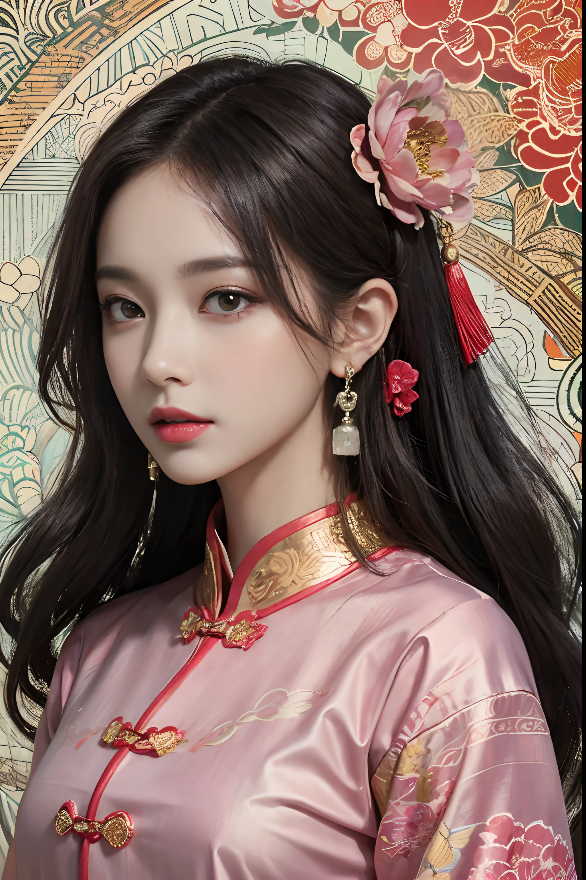 (masterpiece, top quality, best quality, official art, beautiful and aesthetic:1.2), (1girl:1.3), extremely detailed,(fractal art:1.1),(colorful:1.1)(flowers:1.3),highest detailed,(zentangle:1.2), (dynamic pose), (abstract background:1.3), (chinese Traditional cloth:1.2), (shiny skin), (many colors:1.4), ,(earrings:1.4),