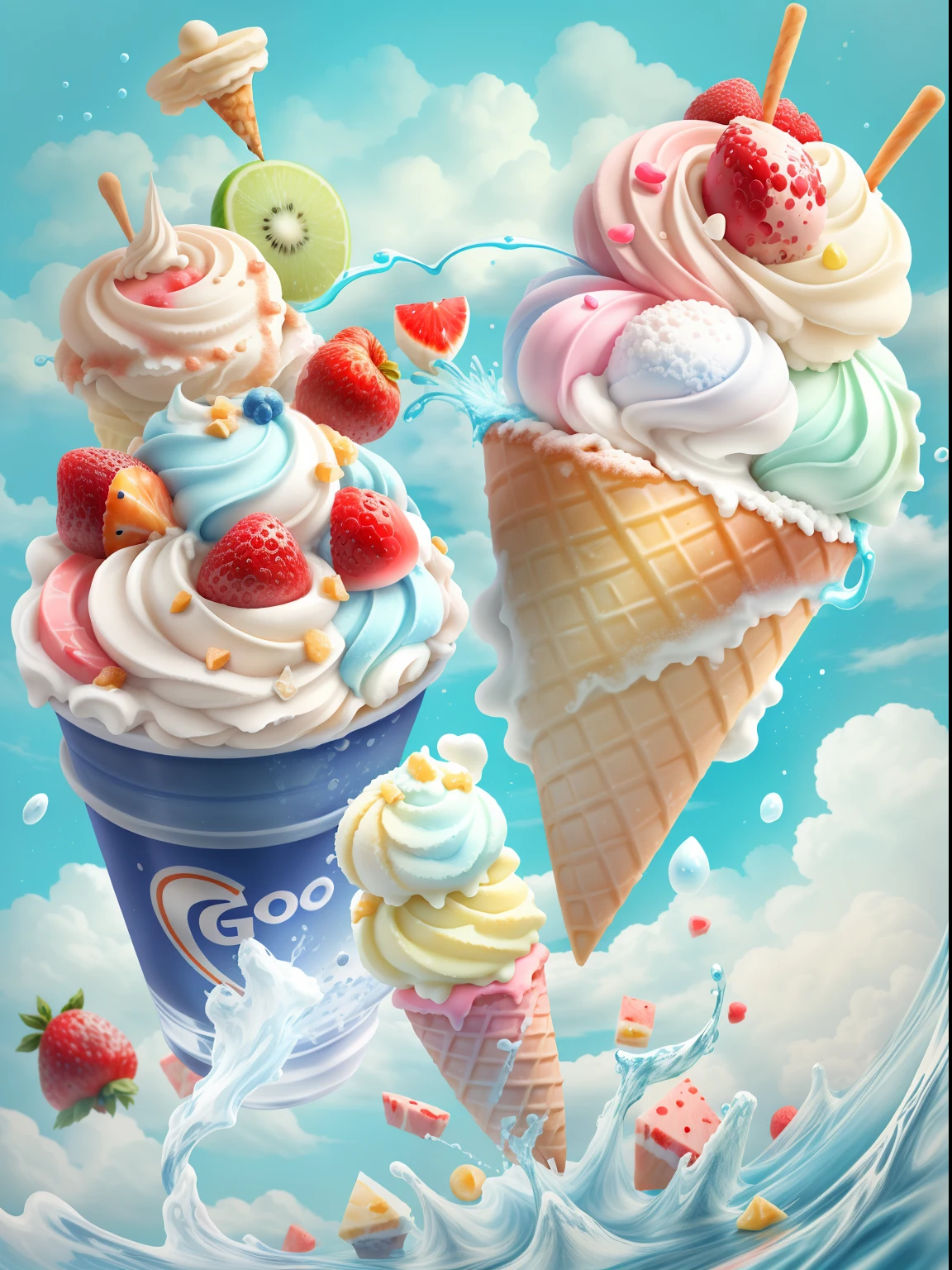 gogo,icecream,the fruits,ice cubes,Splashing water,with blue sky and white clouds
