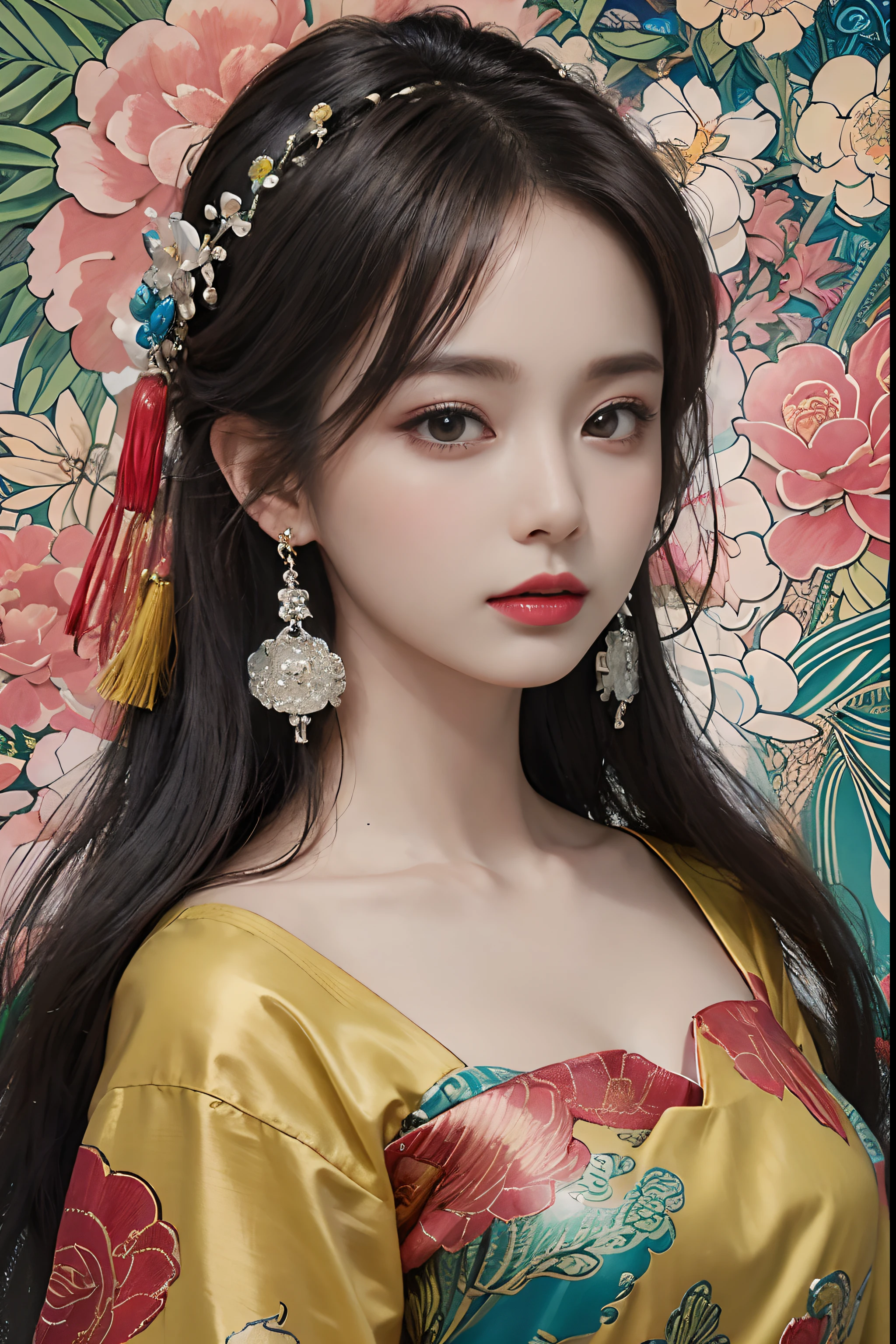 (masterpiece, top quality, best quality, official art, beautiful and aesthetic:1.2), (1girl:1.3), extremely detailed,(fractal art:1.1),(colorful:1.1)(flowers:1.3),highest detailed,(zentangle:1.2), (dynamic pose), (abstract background:1.3), (chinese Traditional cloth:1.2), (shiny skin), (many colors:1.4), ,(earrings:1.4),