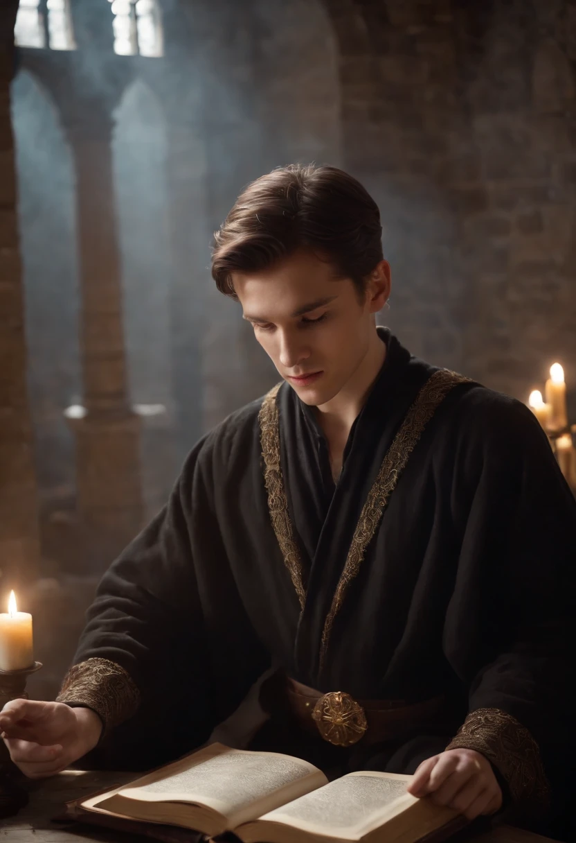 A handsome young wizard in a black robe, A circle of magic books spread out on the ground, Magic books and candles placed around him, Seven mirrors at different angles directly above, Gloomy image, vision, Depth of field, god's light, film grain, Illusion optics , Vignettes, Renaissance, Pre-Raphaelite Brotherhood, High detail, Afterimage