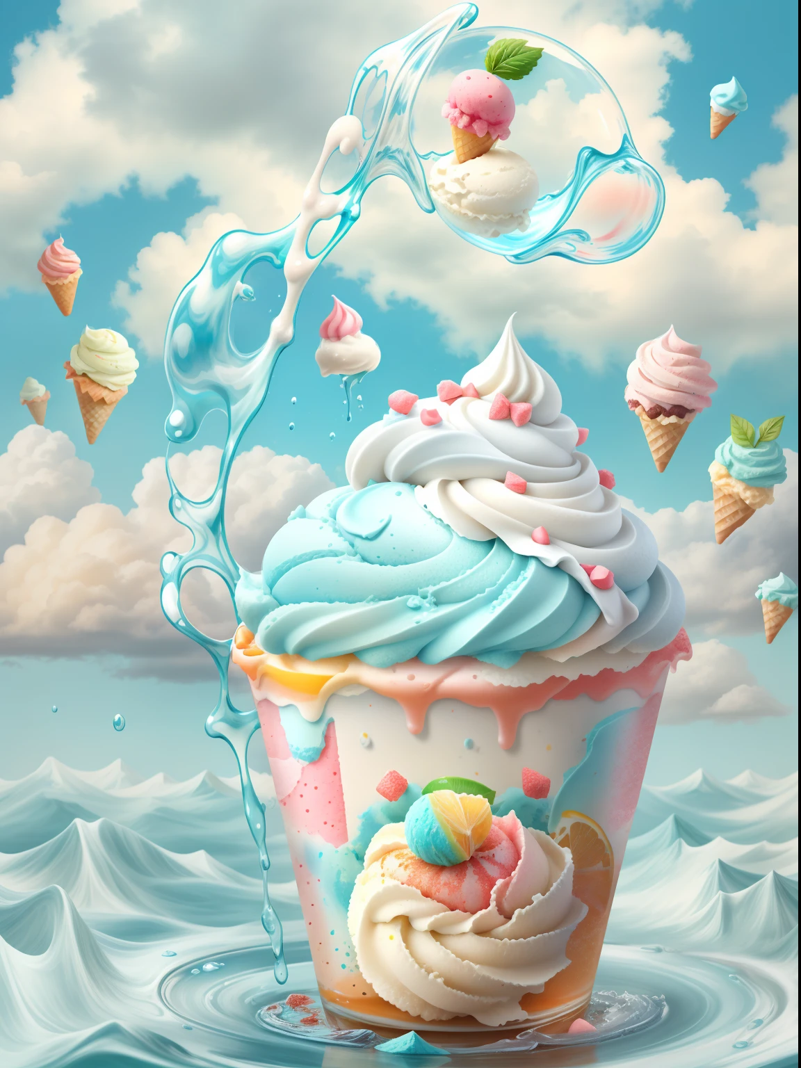 gogo，icecream，the fruits，ice cubes，Splashing water，with blue sky and white clouds