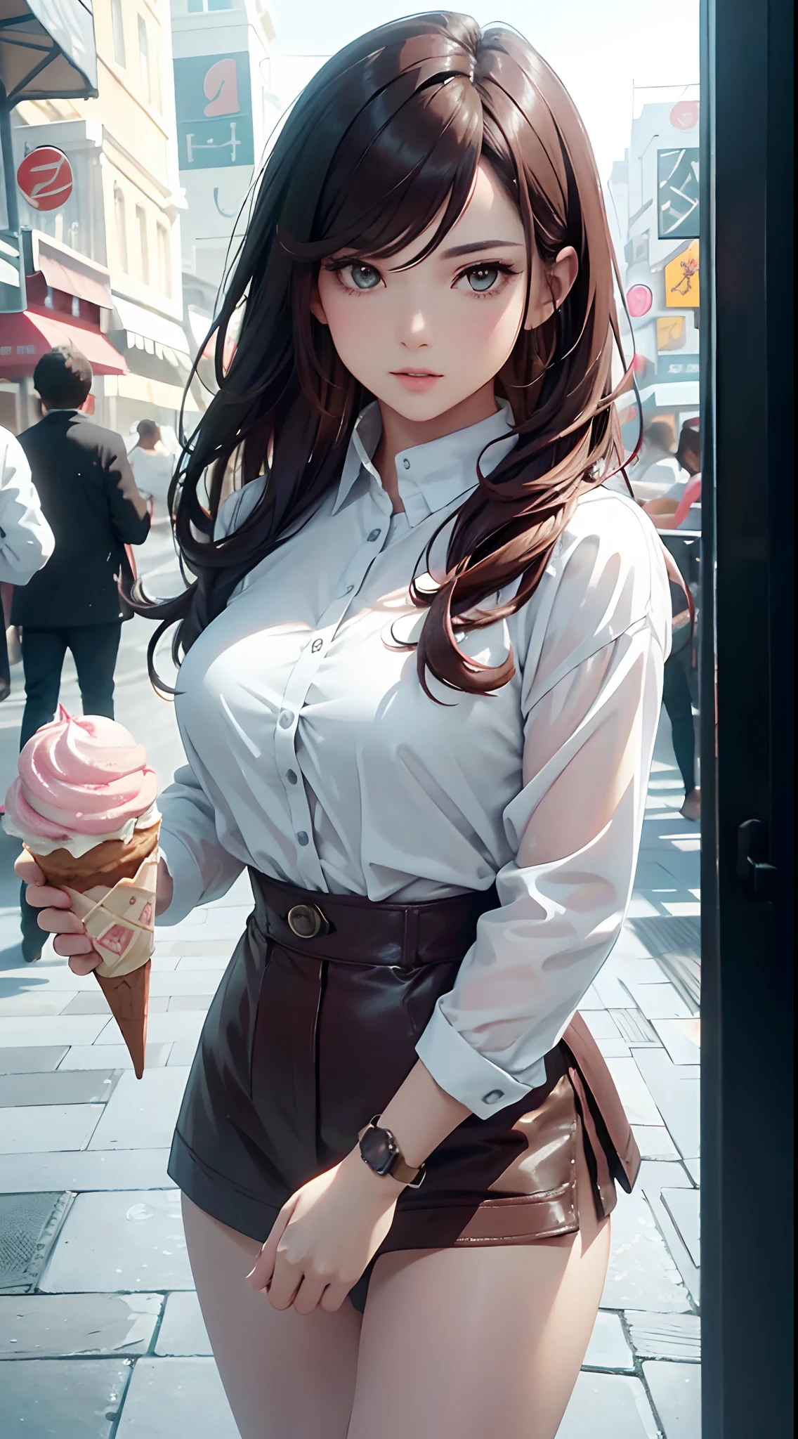 Works of masters,Detailed light and shadow,Cinematic light and shadow,The clothes ar,Stylish clothes,colours,Colorful,Color,Good body,Good face,good eyes,Good mouth,holding ice cream,There is something in hand,icecream,Drizzle with chocolate, Realistic and detailed images
