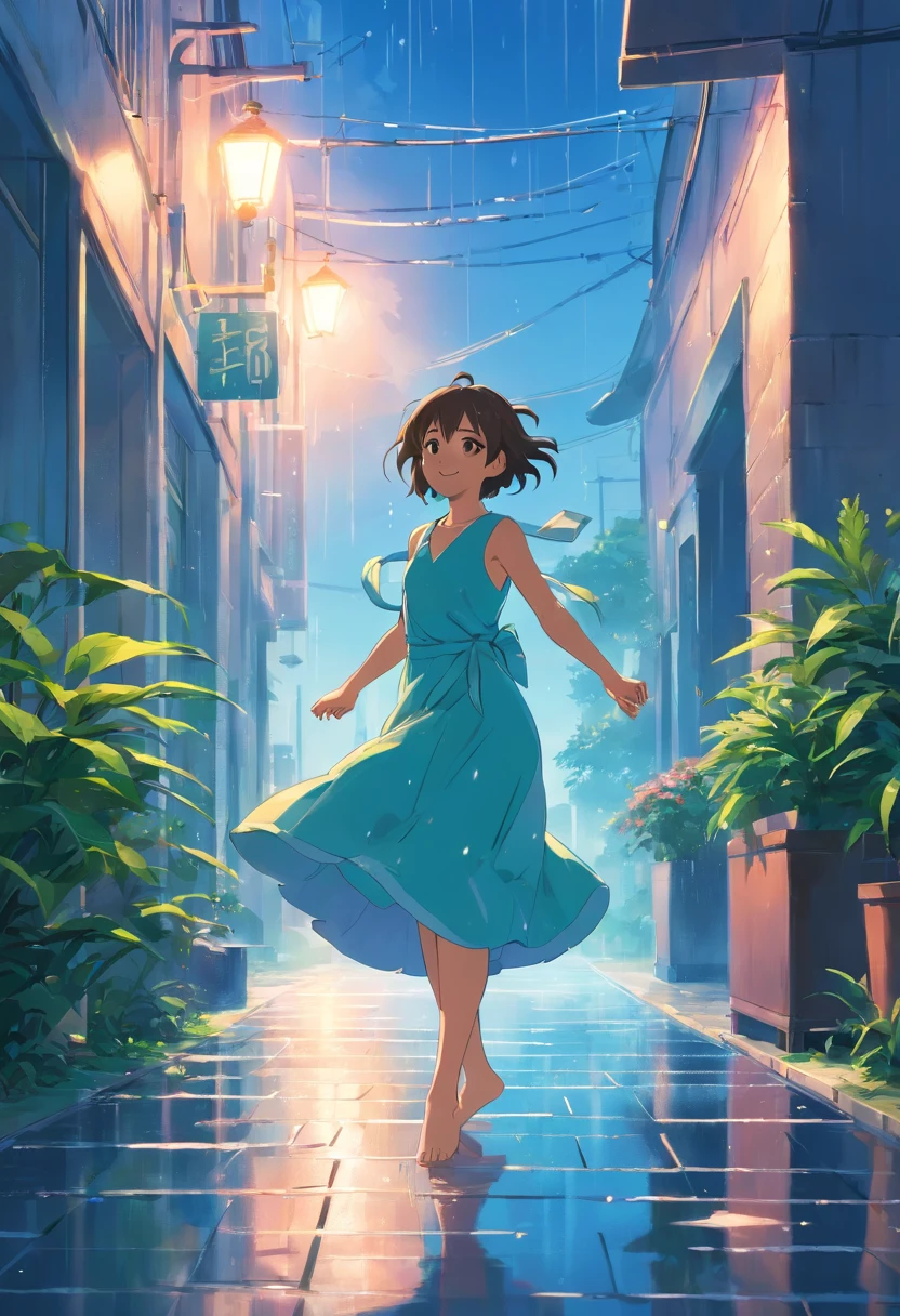 Sky after rain,A plant,The girl in the long dress is dancing happily