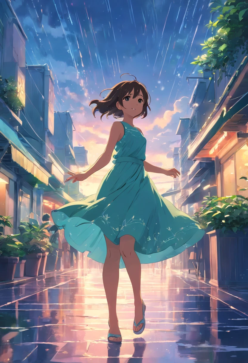 Sky after rain，A plant，The girl in the long dress is dancing happily