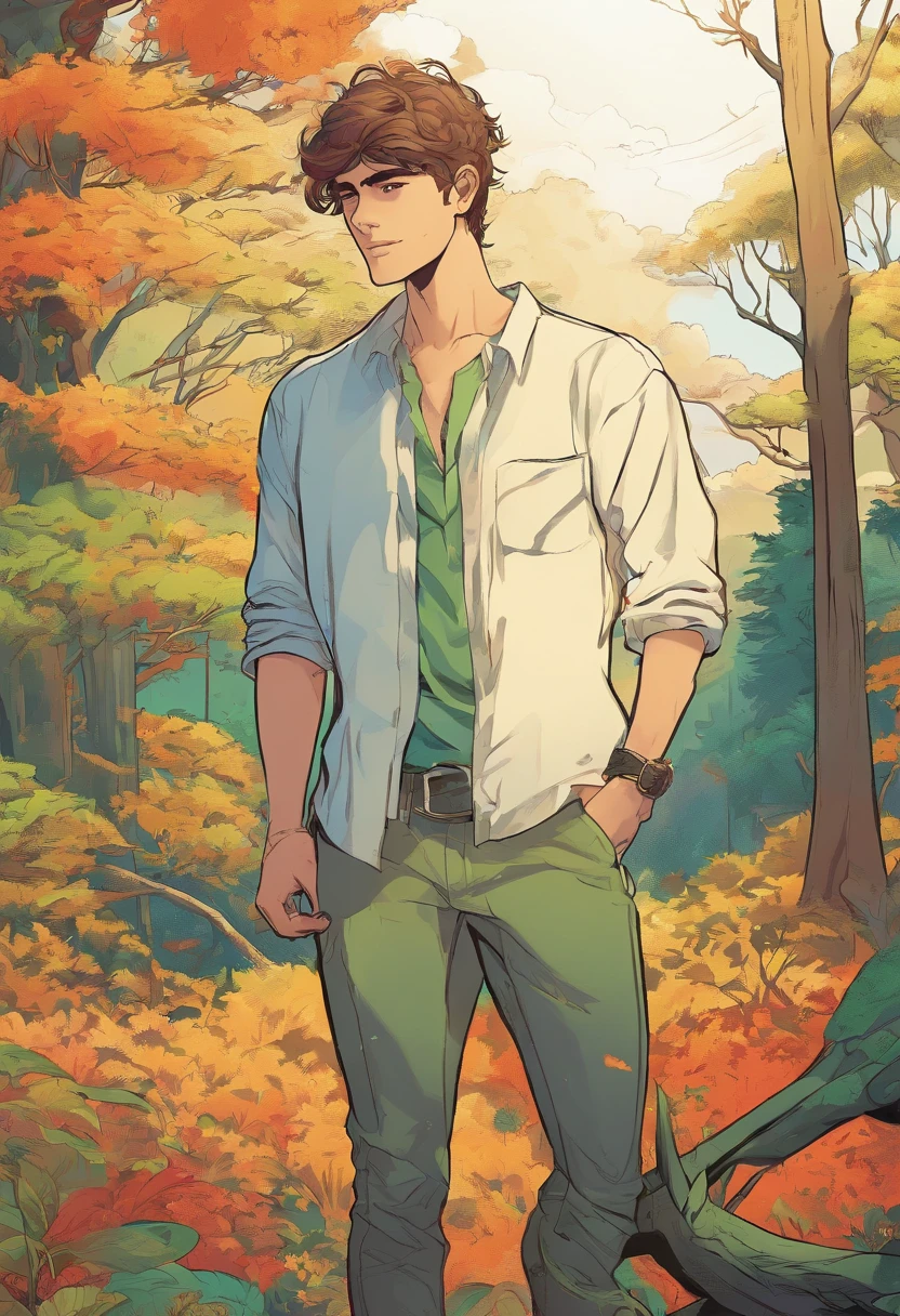 Young, 19 years old, handsome man wearing a long-sleeved shirt, forest background