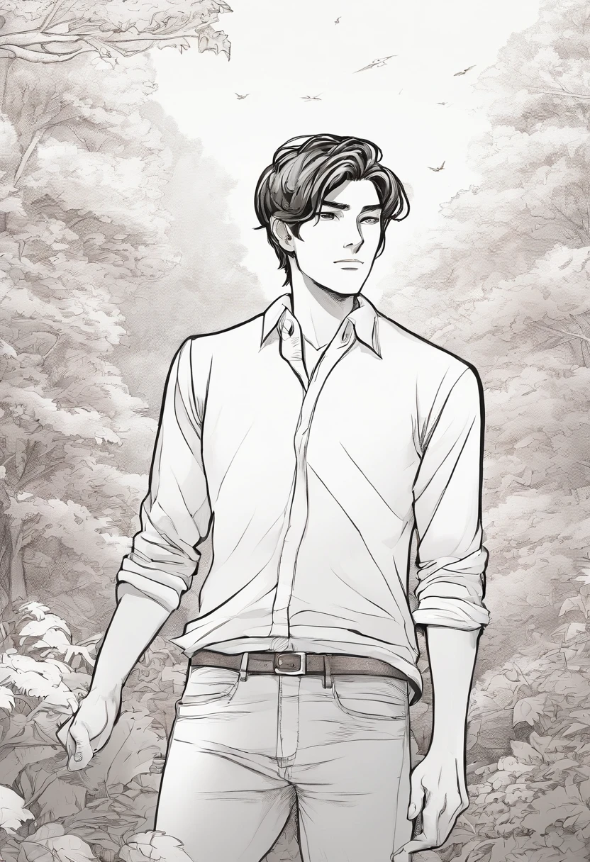 Young, 19 years old, handsome man wearing a long-sleeved shirt, forest background