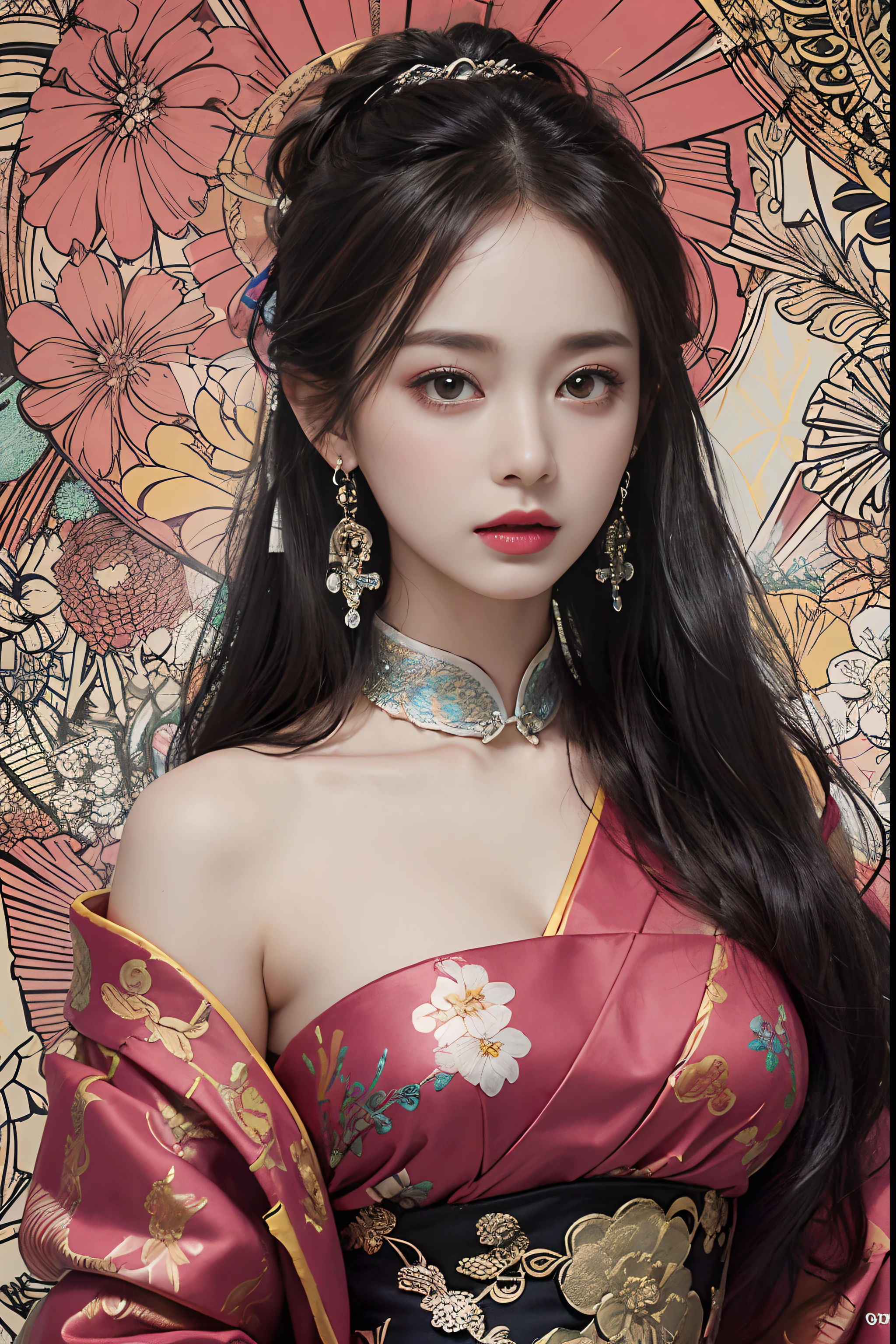(masterpiece, top quality, best quality, official art, beautiful and aesthetic:1.2), (1girl:1.3), extremely detailed,(fractal art:1.1),(colorful:1.1)(flowers:1.3),highest detailed,(zentangle:1.2), (dynamic pose), (abstract background:1.3), (chinese Traditional cloth:1.2), (shiny skin), (many colors:1.4), ,(earrings:1.4),
