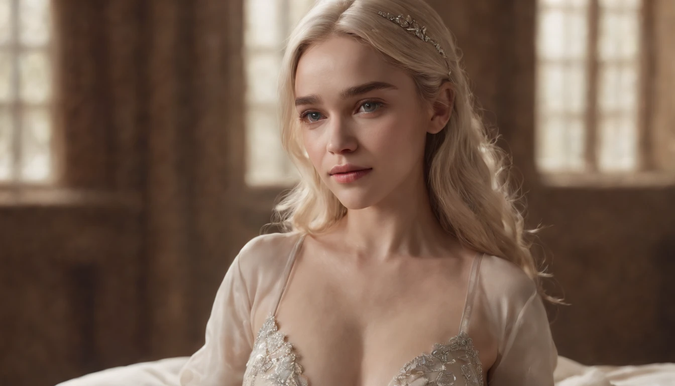 Sat,Double leg lift emilia clarke I am a girl,Lie down on the bed, No bra , Shows medium breasts, Taut breasts, Masterpiece, Highest Quality, (((Masterpiece))), (((Maximum level))), ((detail in face, detailed skin texture)), (photo realism), ((extremely delicate and beautiful)), Dynamic Angle, Floating, , (beautiful detail eyes), (detailed light), (1 girl), Medium Breast, Cocked buttocks ,longue blonde hair, dark brown sparkling eyes, natural, (Sunlight),, slight smile, Glossy glossy leather, Complete anatomy,Photorealistic hair,Detailed information about hair ,Crystal earrings