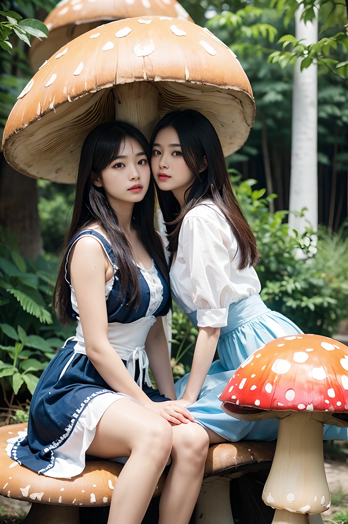 (Best quality,Masterpiece:1.2,Face focus:1.4,Wide eyes,Beautiful eyes:1.4,Dynamic posture),
Break,
(a couple of lesbians:1.5) sitting together on a (giant mushroom:1.2),leering:1.2,Tutu dress,vivd colour,
Break,
Fantastical world,fantasy,((Watercolor painting)),ulzang-6500-v1.1,
