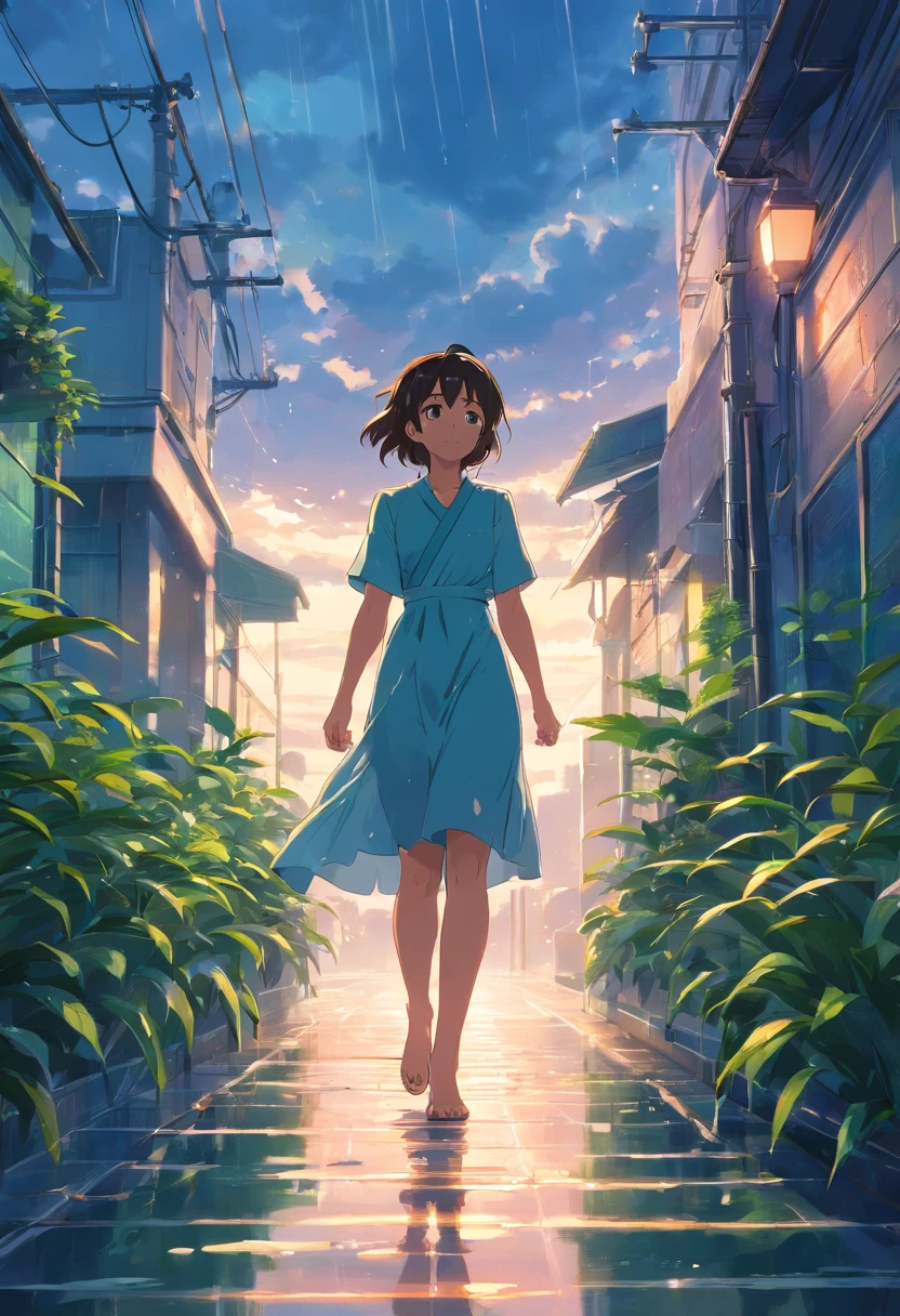 Sky after rain,A plant,The girl in the long dress walks happily