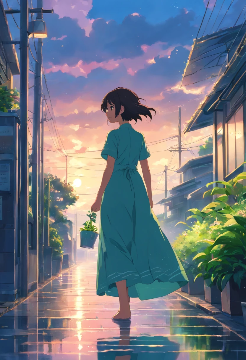 Sky after rain，A plant，The girl in the long dress walks happily