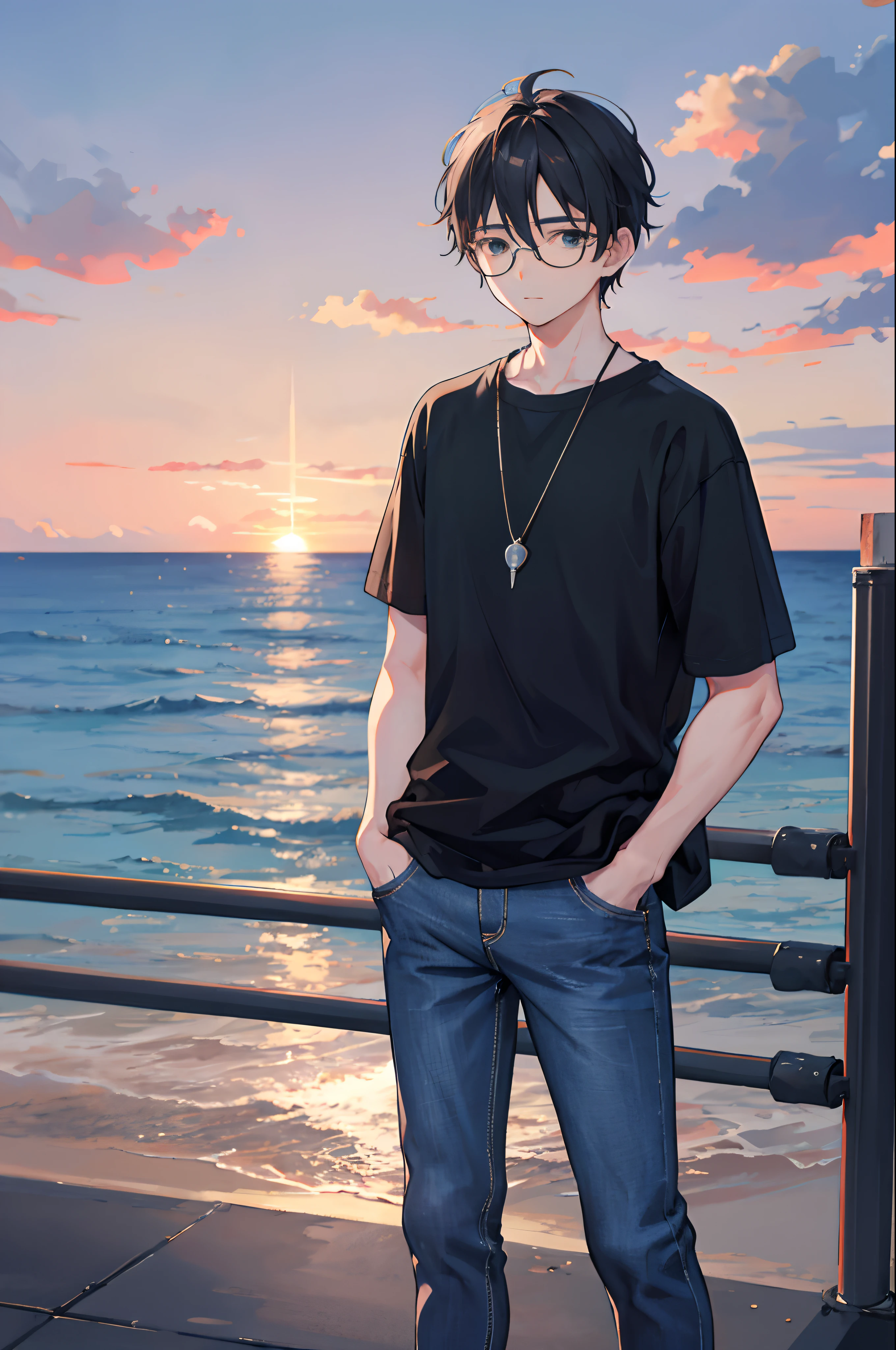 1boy,cetus,coda,ocean,black shirt,jeans,glasses,street,sunset,hands in pockets