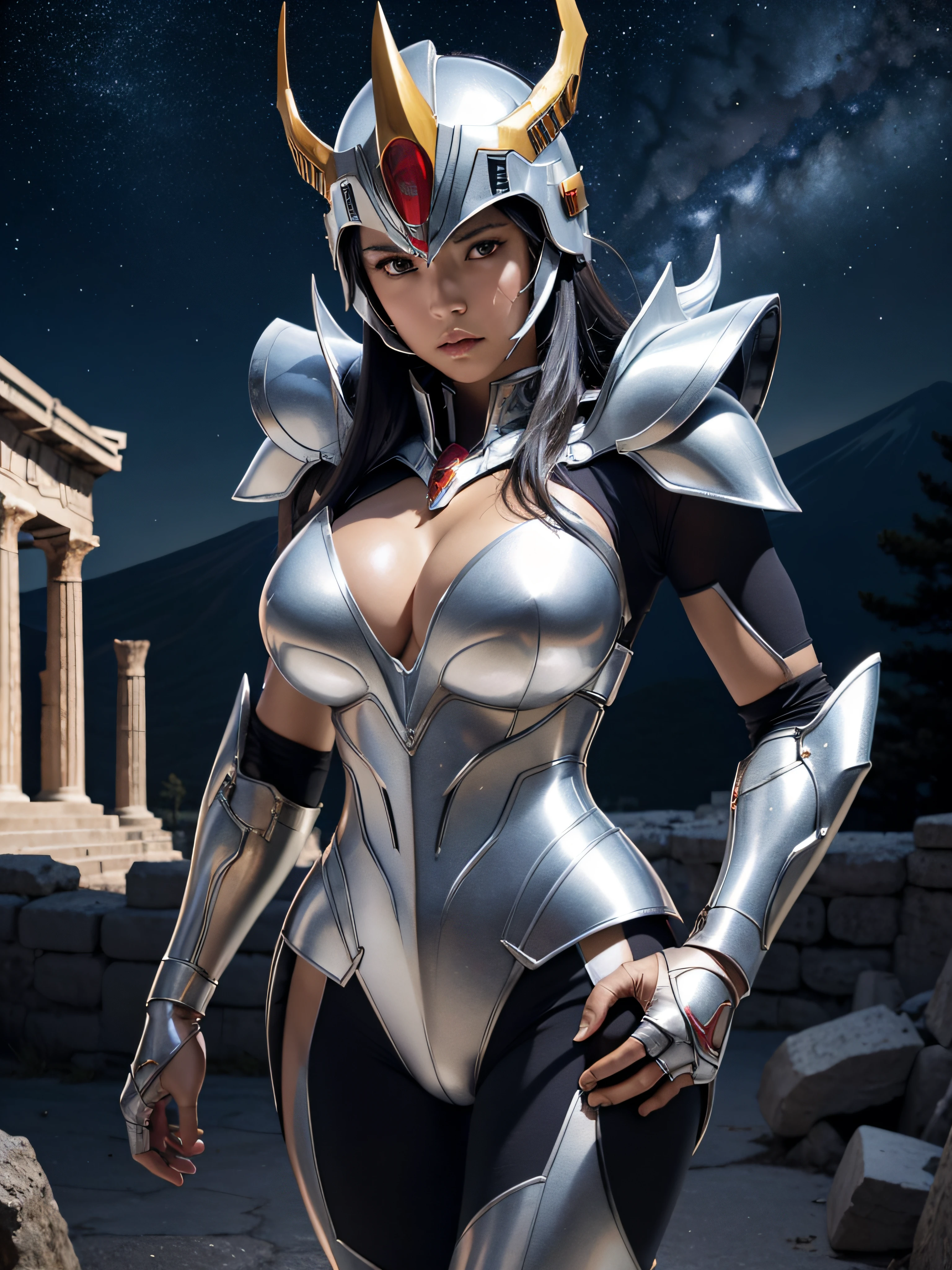 masterpiece, best quality, ultra high res, realistic skin texture, armature, (photorealistic:1.4), high resolution, raw photo, 1 girl, shiny skin, (detail skin:1.2), realistic skin texture, best lighting, sparkle, mecha armor, dramatic lighting, dynamic pose, (greek temple background:1.1), (night:1.2), (night sky), cosmos, milky way, golden armor, (cleavage), Phoenix_Ikki, (big breast), (helmet:1.2), tanned skin, black hair, (silver chest guard:1.3), (helmet), blue shirt, volcano, lava, serious face