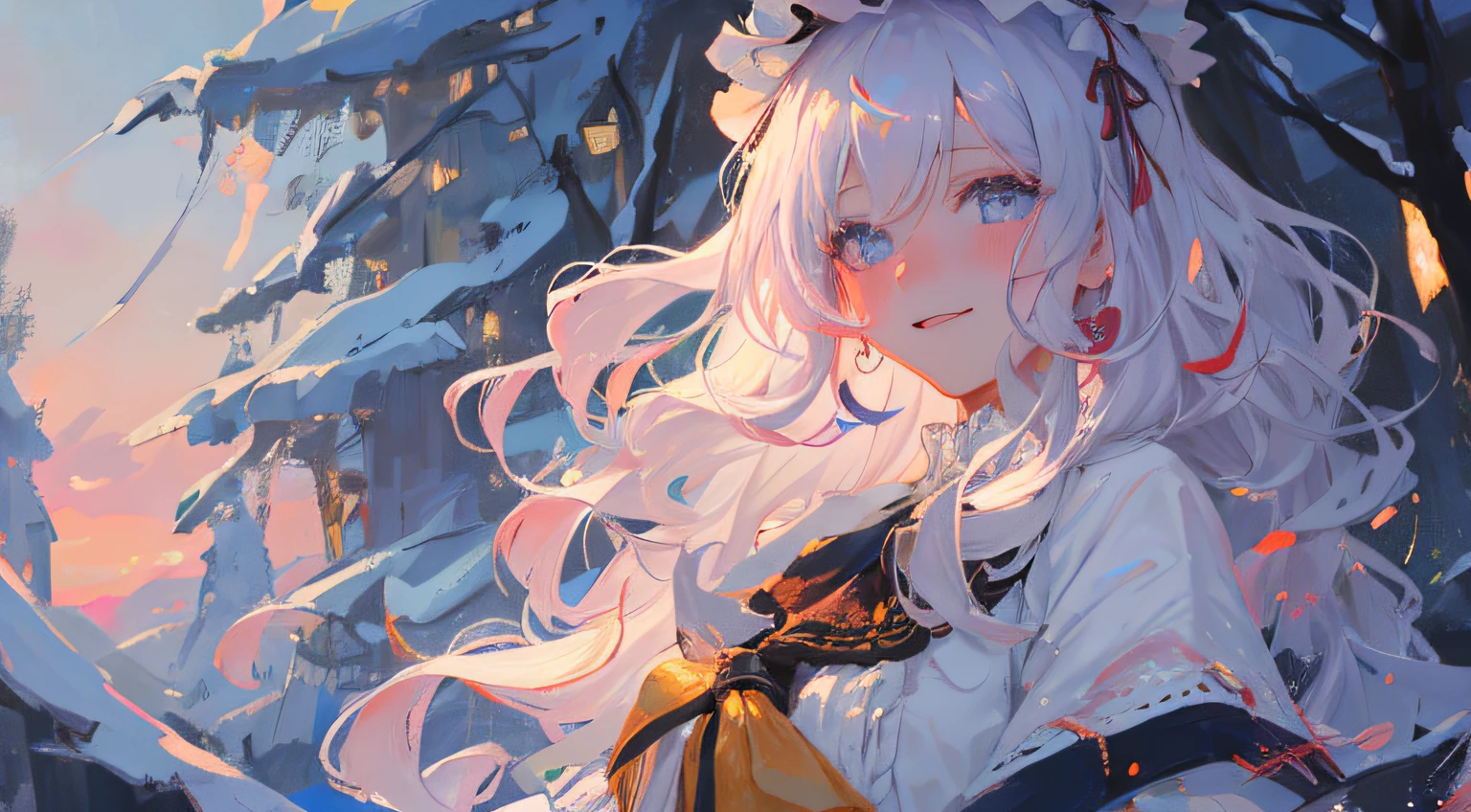 (1girll:1.3), Slight blush, Wavy hair, Fluffy hair, cloaks, Lace trim, Lace, frilld, ta, elegant, bodice, Light smile, Peaceful, Colorful, (winter:0.8), Snow, Nature, Princess, royal, Extremely detailed, Beautiful background, White, Depth of field, Cinematic lighting, Ghibli-like colors, High detail, scenery, horizon, Wind, wind blown, view the viewer, Lolilothes, 8K, Bokeh, Award-Awarded, (Masterpiece:1.4), Best quality, Anatomically correct, Perfect hands