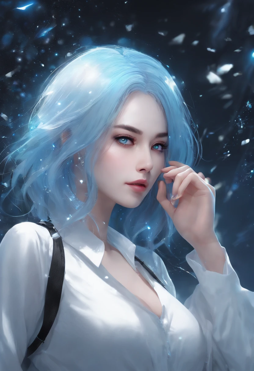 ((masutepiece)), (Best Quality), (Detailed), (1girl in), (Internal Data Stream) Light blue gradient hair, Light blue eyes, Straight hair, Wearing a modern white shirt and black dress, Covered with data particles, Lock around the neck
