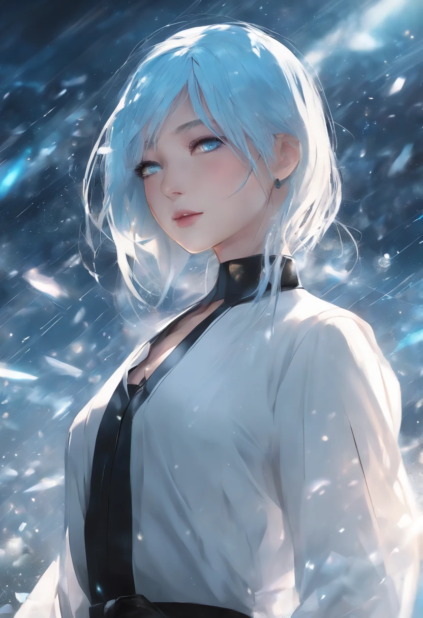((masutepiece)), (Best Quality), (Detailed), (1girl in), (Internal Data Stream) Light blue gradient hair, Light blue eyes, Straight hair, Wearing a modern white shirt and black dress, Covered with data particles, Lock around the neck