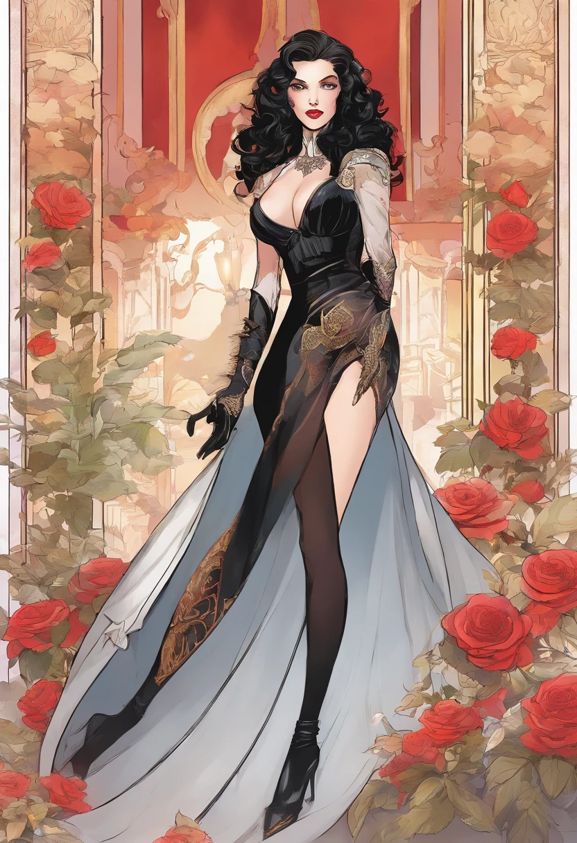 The Countess, a character from the game Paragon, is a woman with a haughty and seductive appearance. She has pale, almost translucent skin, giving her a mysterious air. Her long dark hair cascades down to her shoulders, further highlighting her piercing and expressive gaze.Her delicate face has angular features and a well-defined jawline, enhancing her strong and determined personality. Her lips are thin, but always painted with an intense red lipstick, which contrasts with her pale skin.Countess has a slim, curvy figure with an average height. She wears an elegant black dress, which fits her body, highlighting her figure. The dress has lace details on the sleeves and bottom edges, bringing a touch of sensuality to your look.She wears long gloves up to her elbows, also in black, which add a touch of mystery and elegance to her look. On her feet, she wears high stiletto heeled boots, which give her an even more imposing posture