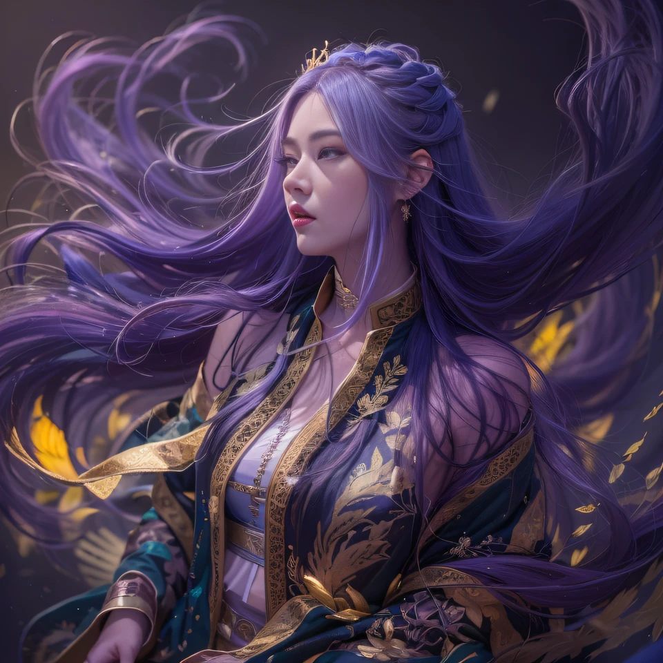 32K(tmasterpiece,k hd,hyper HD,32K)Long flowing bright purple hair,Autumn Pond,zydink, a color, Asian people (Silly girl), (Silk scarf), Combat posture, looking at the ground, long whitr hair, Floating bright purple, Fire cloud pattern gold tiara, Chinese long-sleeved gold silk garment, (abstract ink splash:1.2), white backgrounid,Lotus protector(realisticlying:1.4),Bright purple hair,Smoke on the road,The background is pure, A high resolution, the detail, RAW photogr, Sharp Re, Nikon D850 Film Stock Photo by Jefferies Lee 4 Kodak Portra 400 Camera F1.6 shots, Rich colors, ultra-realistic vivid textures, Dramatic lighting, Unreal Engine Art Station Trend, cinestir 800,Long flowing bright purple hair