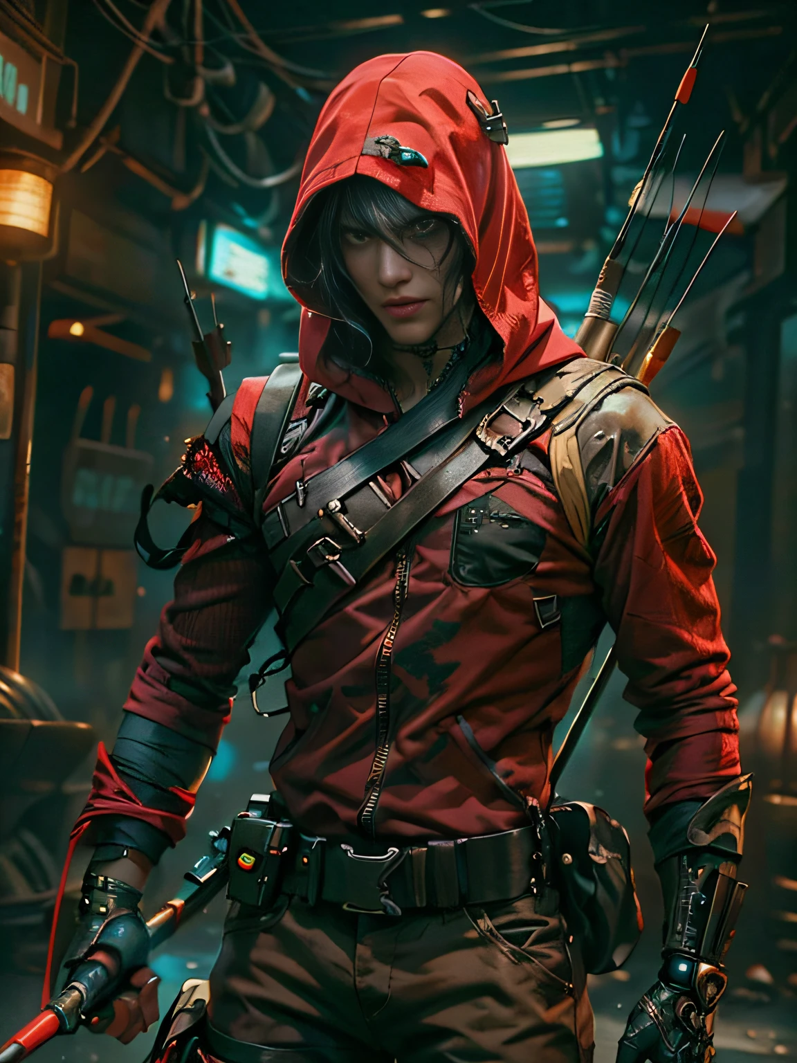 Male Superhero Red Arrow, wearing all red outfit and red apron, WEARING Red Hood COVERING HEAD, SFW, ALL READ OUTFIT, NO DETAILS, Perfect body, perfect face, showing his perfect face, holding an Arrow like a zombie, (top quality 、8k、32k、masterpiece、NFFSW:1.3)、(The ultra-high definition)、(Photorealistic:1.4)、RAW photography,perfect eyes,Perfect charming figure,actionpose:1.2,Detailed cyberpunk fashion、Cyberpunk world, depth of fields, blurred background,、