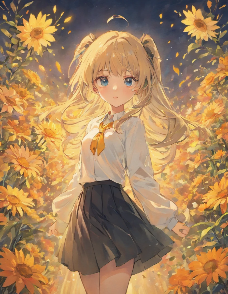 White shirt black skirt cute dainty many flowers very long hair beautiful colored eyes