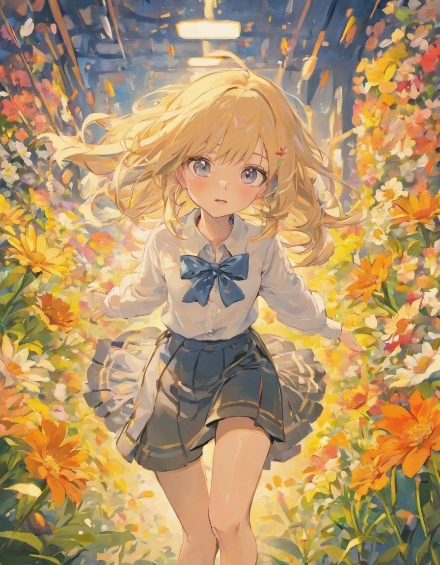 White shirt black skirt cute dainty many flowers very long hair beautiful colored eyes