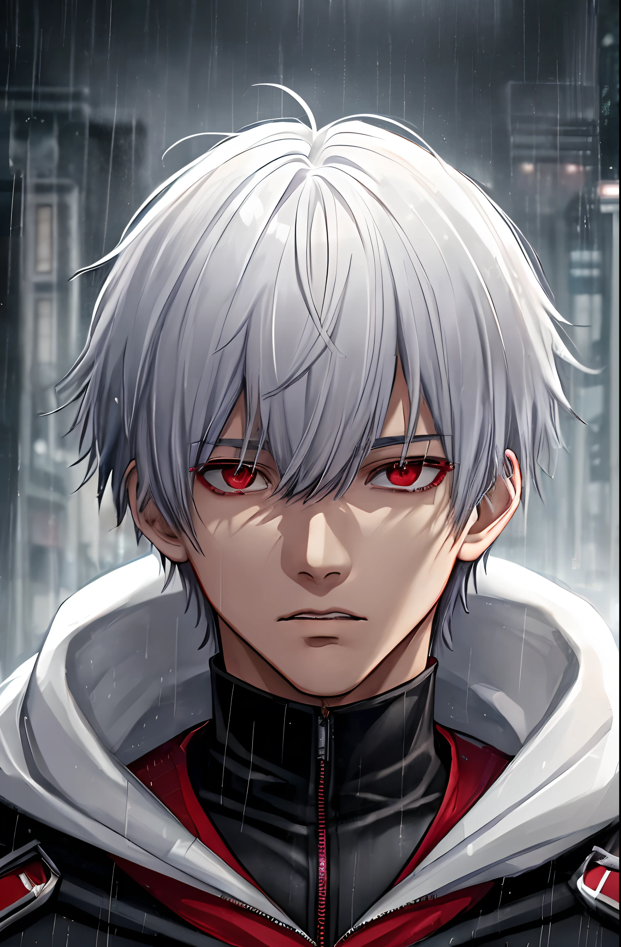 kk, best quality, more details, masterpiece, 1boy, kaneki ken, portrait, male focus, red eyes, solo, bangs, looking at viewer, hood, short hair, rain, tokyo tokyo \(city\),  hood up, nail polish, white hair, luxurious, 8k, detailed, ray tracing, depth of field, cinematic lighting,
