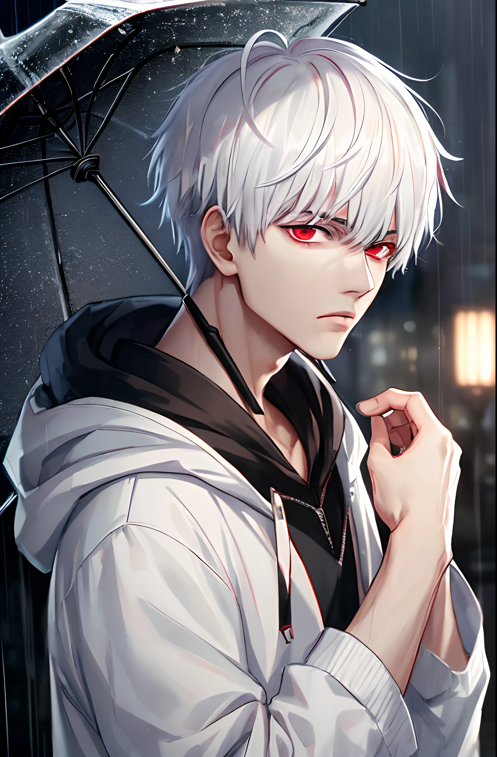 kk, best quality, more details, masterpiece, 1boy, kaneki ken, portrait, male focus, red eyes, solo, bangs, looking at viewer, hood, short hair, rain, tokyo tokyo \(city\), hood up, nail polish, white hair, luxurious, 8k, detailed, ray tracing, depth of field, cinematic lighting,