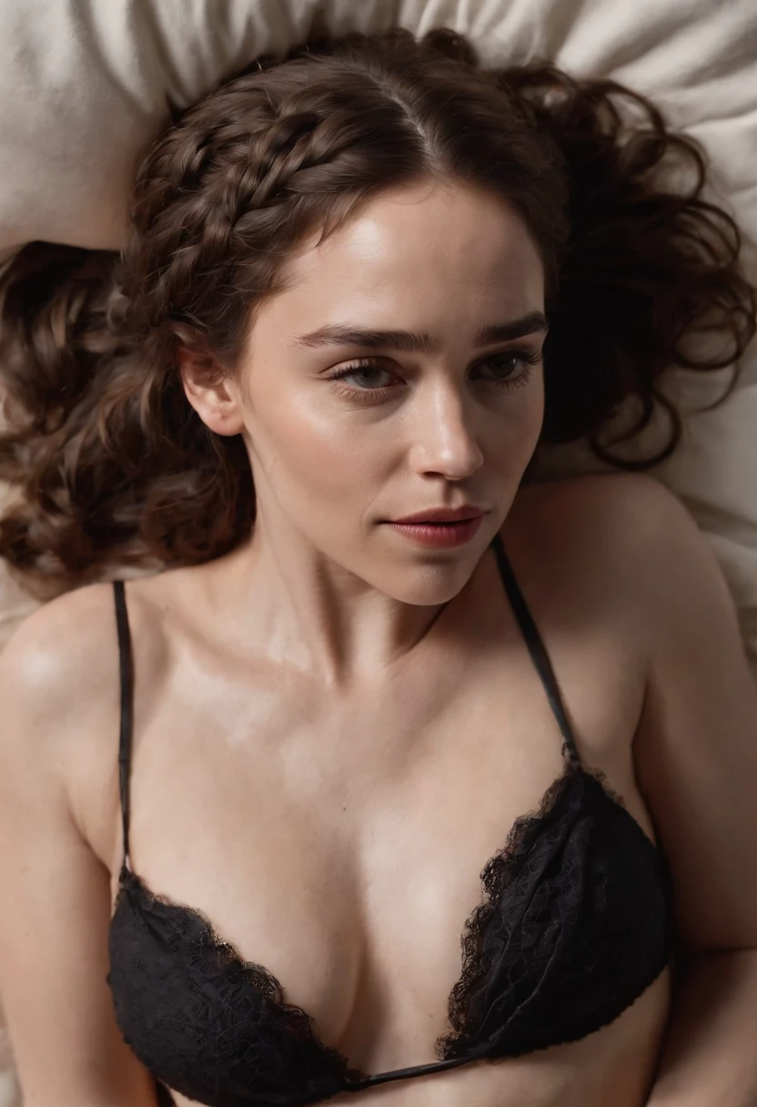 Top view of emilia clarke, lying on her stomach in her bed, Wearing a rope, No bra, bare back, black mesh bikini