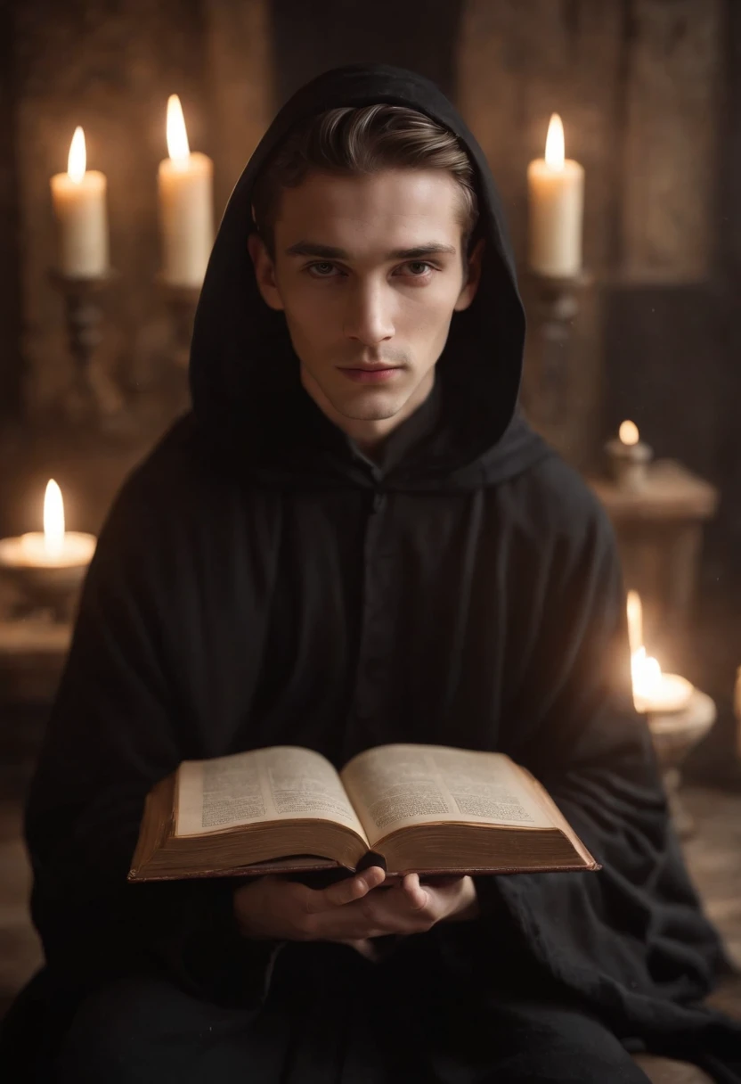 A handsome young wizard in black robes, holy face, Circle of magic books scattered on the ground, Magic books and candles placed around him, Seven mirrors at different angles directly above, Gloomy image, vision, Depth of field, divine light, grain film, Optical illusions, Vignettes, Renaissance, Pre-Raphaelite Brotherhood, High detail, Afterimages