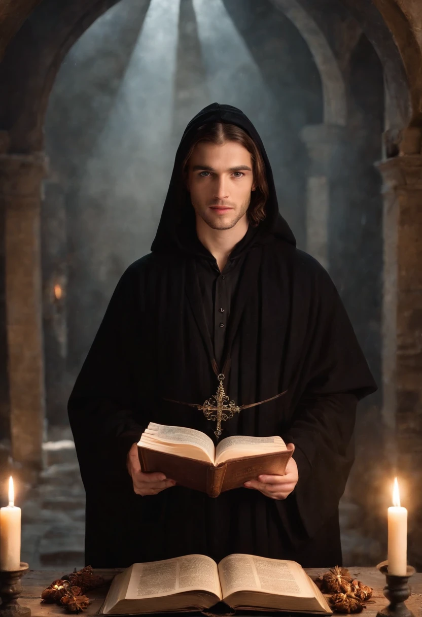 A handsome young wizard in black robes, holy face, Circle of magic books scattered on the ground, Magic books and candles placed around him, Seven mirrors at different angles directly above, Gloomy image, vision, Depth of field, divine light, grain film, Optical illusions, Vignettes, Renaissance, Pre-Raphaelite Brotherhood, High detail, Afterimages