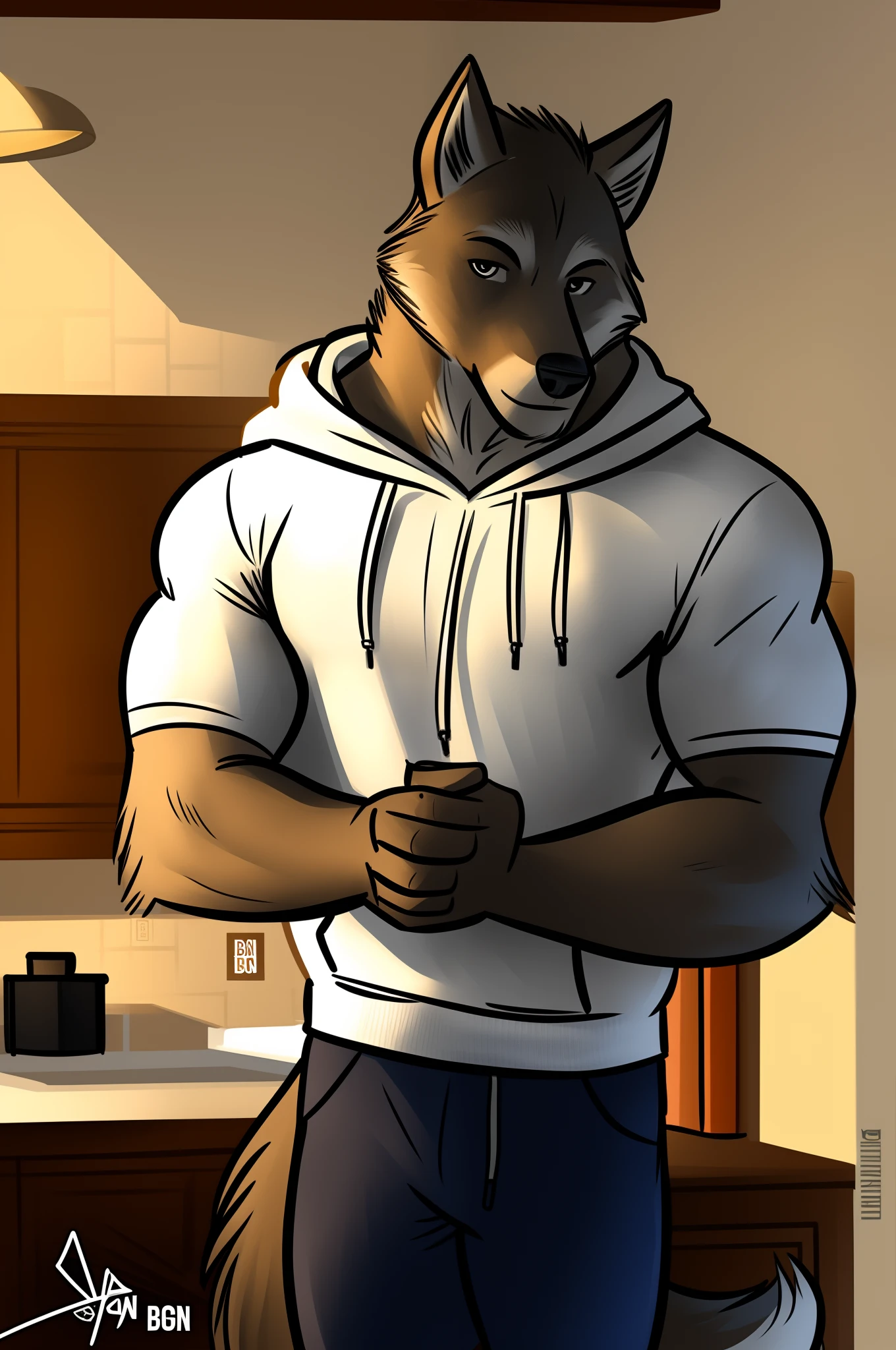 bgn, bgn style, muscular wolf, anthro, hoodie, indoors