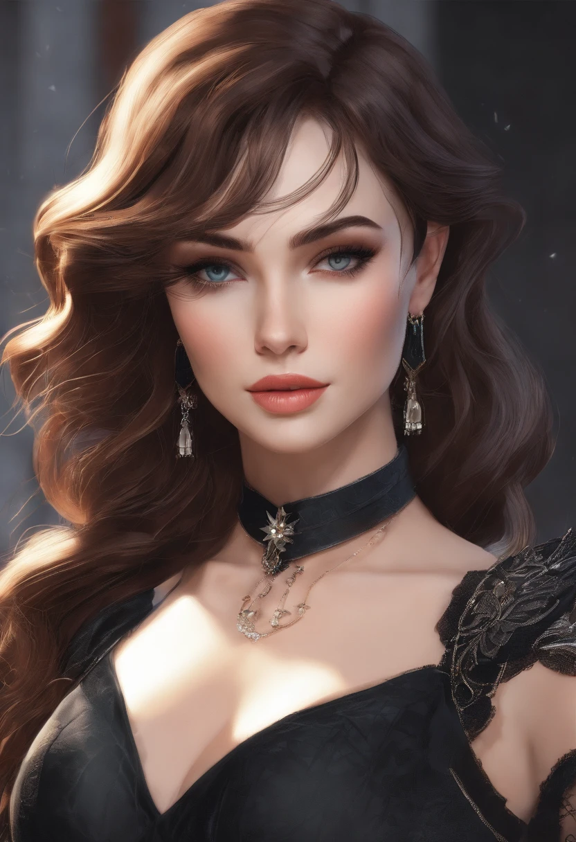 A Condessa, um personagem do jogo Paragon, She is a woman with a haughty and seductive appearance. She has pale, Almost translucent skin, dando-lhe um ar misterioso. Her long dark hair comes down to her shoulders, destacando ainda mais seu olhar penetrante e expressivo. His delicate face has angular features and a well-defined jaw, enhancing your strong and determined personality. Her lips are thin, mas sempre pintado com um batom vermelho intenso, which contrasts with her pale skin.Countess has a curvilinear figure with an average height. Ela usa um elegante vestido preto, que se encaixa em seu corpo, destacando sua figura. O vestido tem detalhes de renda nas mangas e bordas inferiores, trazendo um toque de sensualidade para o seu look. She wears long gloves up to her elbows, also in black, that add a touch of mystery and elegance to your look. standingn, ela usa botas de salto alto, which gives it an even more imposing posture