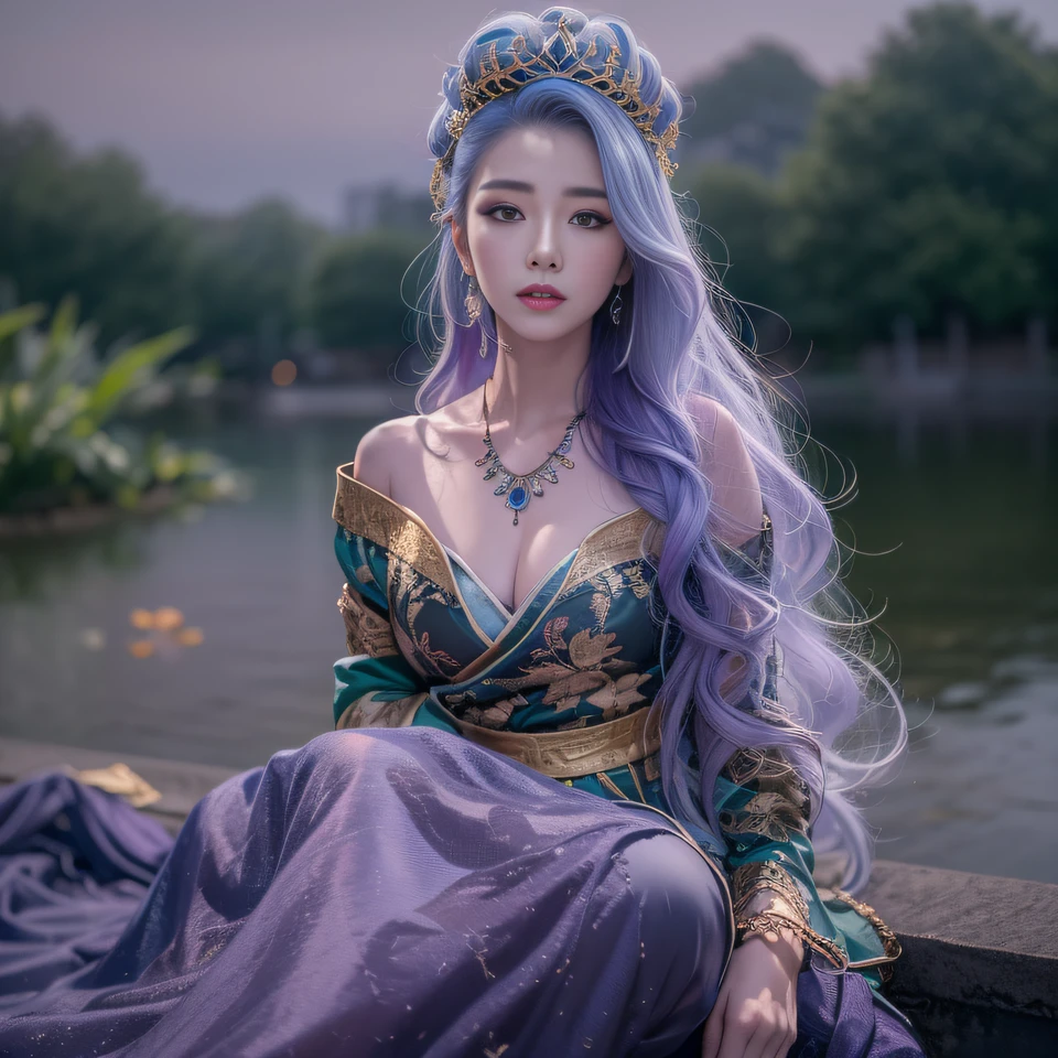 32K(tmasterpiece,k hd,hyper HD,32K)Long flowing bright purple hair,Autumn Pond,zydink, a color, Asian people (Silly girl), (Silk scarf), Combat posture, looking at the ground, long whitr hair, Floating bright purple, Fire cloud pattern gold tiara, Chinese long-sleeved gold silk garment, (abstract ink splash:1.2), white backgrounid,Lotus protector(realisticlying:1.4),Bright purple hair,Smoke on the road,The background is pure, A high resolution, the detail, RAW photogr, Sharp Re, Nikon D850 Film Stock Photo by Jefferies Lee 4 Kodak Portra 400 Camera F1.6 shots, Rich colors, ultra-realistic vivid textures, Dramatic lighting, Unreal Engine Art Station Trend, cinestir 800,Long flowing bright purple hair