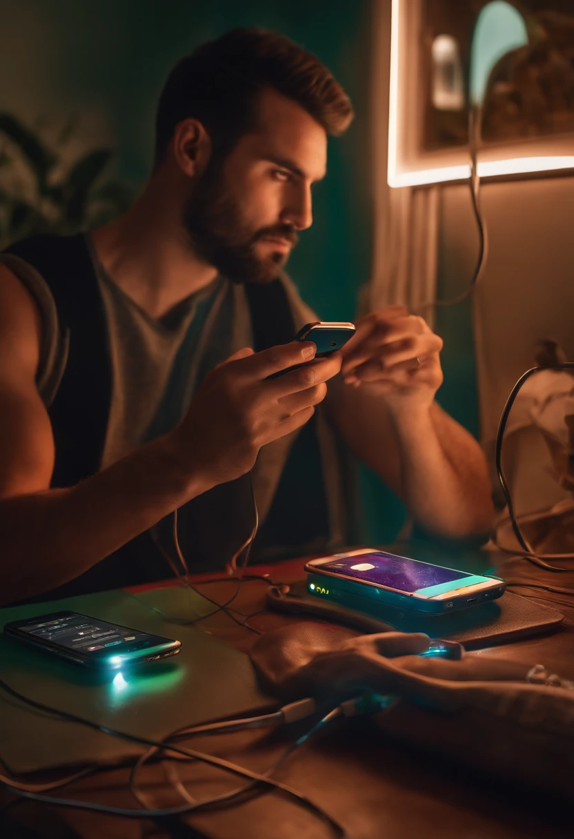 Man charging smartphone with power strip in nose