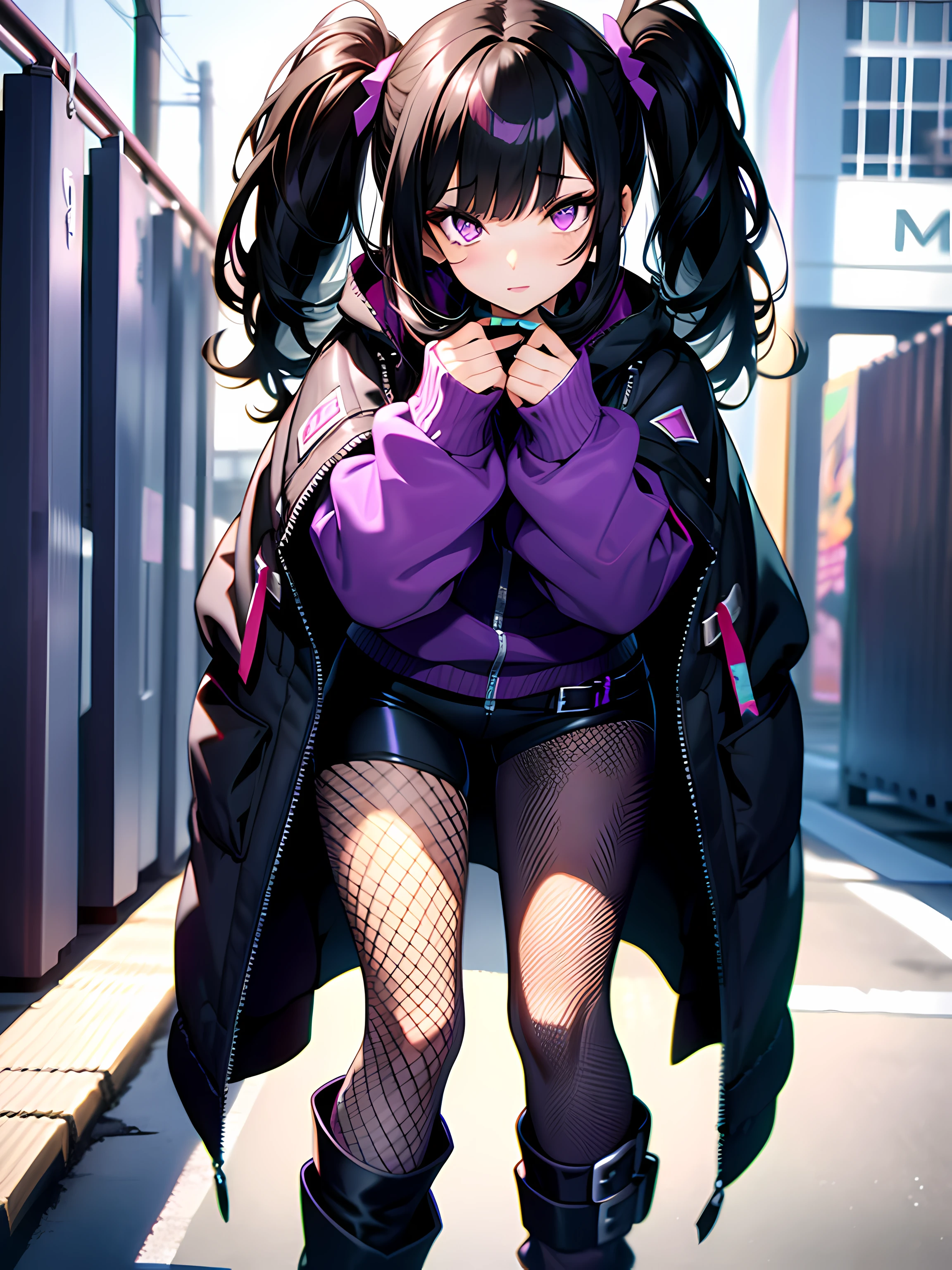 1girl, black hair, purple eyes, fishnet leggings, boots,  full body pose, pretty hands, high res, ultrasharp, 8K, masterpiece, looking at viewer