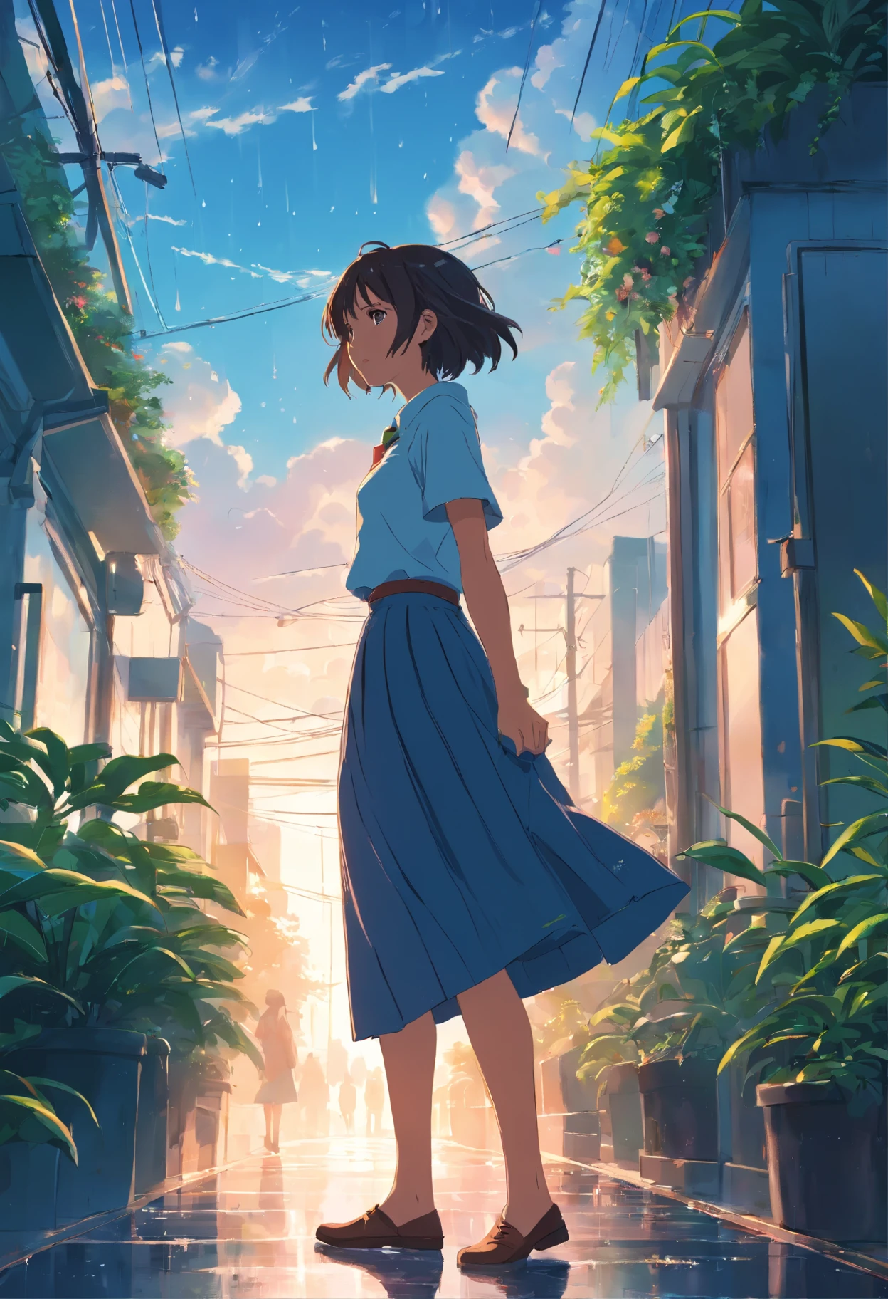 Sky after rain,lots of plants,Girl in long skirt