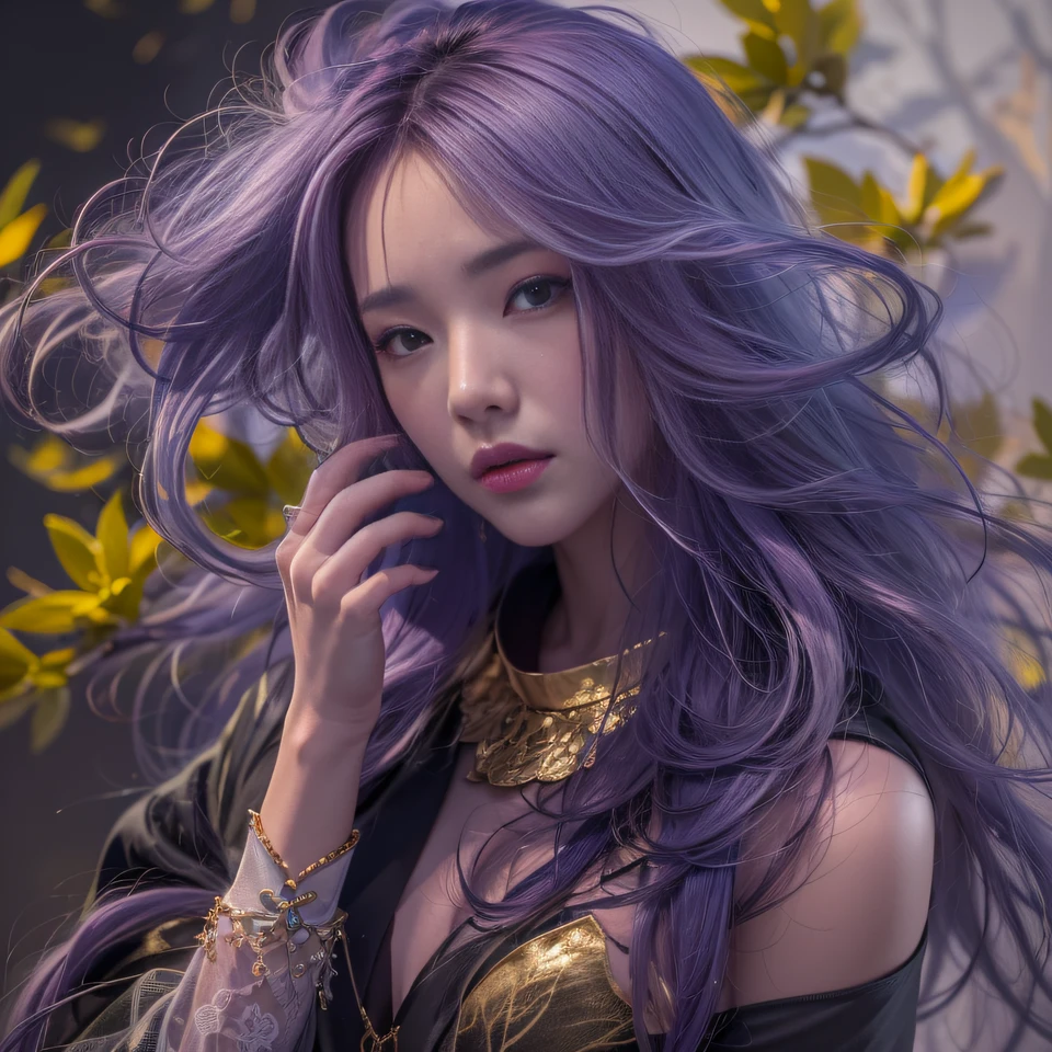 32K(tmasterpiece,k hd,hyper HD,32K)Long flowing bright purple hair,Autumn Pond,zydink, a color, Asian people (Silly girl), (Silk scarf), Combat posture, looking at the ground, long whitr hair, Floating bright purple, Fire cloud pattern gold tiara, Chinese long-sleeved gold silk garment, (abstract ink splash:1.2), white backgrounid,Lotus protector(realisticlying:1.4),Bright purple hair,Smoke on the road,The background is pure, A high resolution, the detail, RAW photogr, Sharp Re, Nikon D850 Film Stock Photo by Jefferies Lee 4 Kodak Portra 400 Camera F1.6 shots, Rich colors, ultra-realistic vivid textures, Dramatic lighting, Unreal Engine Art Station Trend, cinestir 800,Long flowing bright purple hair